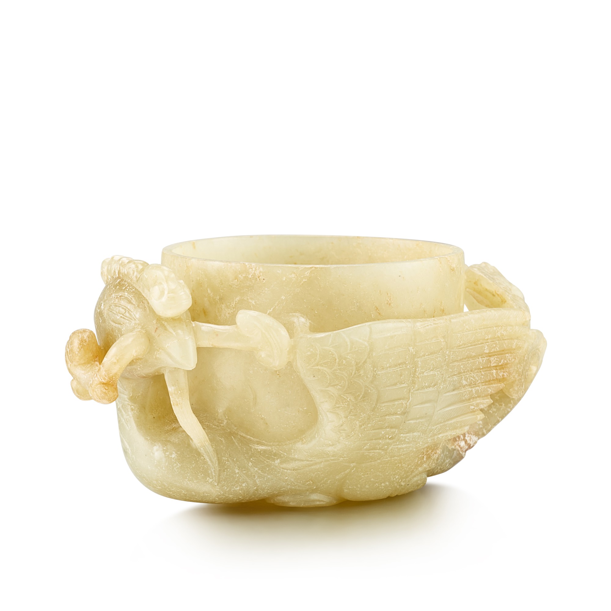 A celadon jade 'phoenix' cup, — A celadon jade 'phoenix' cup, Late Ming - Qing dynasty 明末至清    青白玉鳳銜靈芝盃