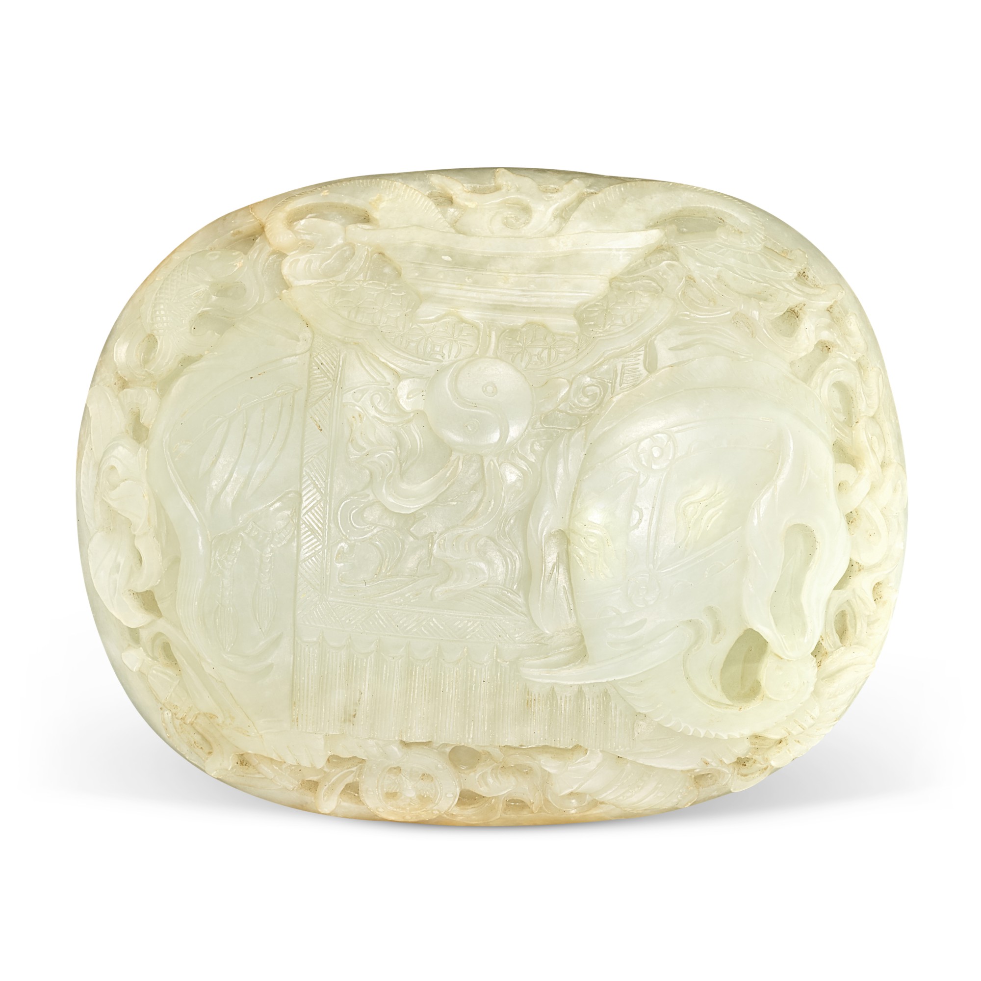 A pale celadon jade 'elephant' belt plaque, — A pale celadon jade 'elephant' belt plaque,  Qing dynasty, 18th - 19th century  清十八至十九世紀 青白玉雕寶象帶鉤