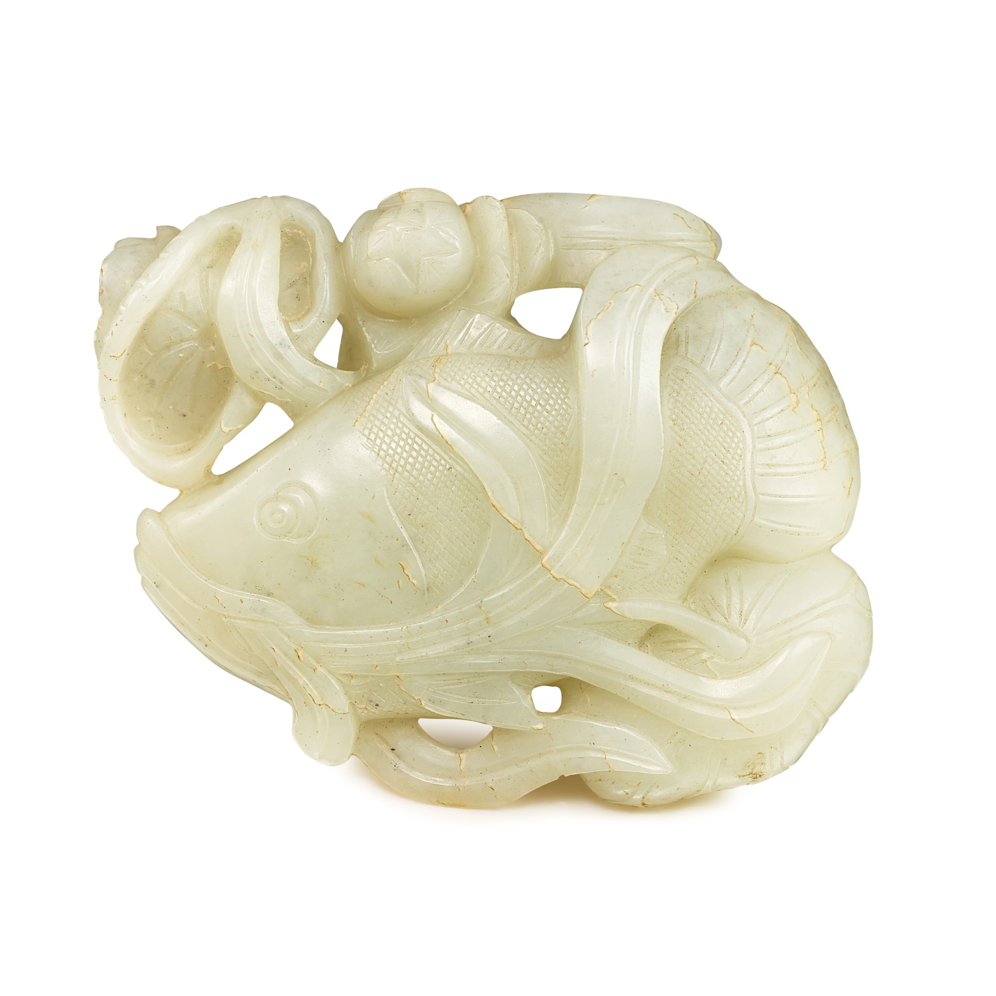 A jade 'fish and lotus' pendant, — A jade 'fish and lotus' pendant, 17th century 十七世紀 玉魚銜荷