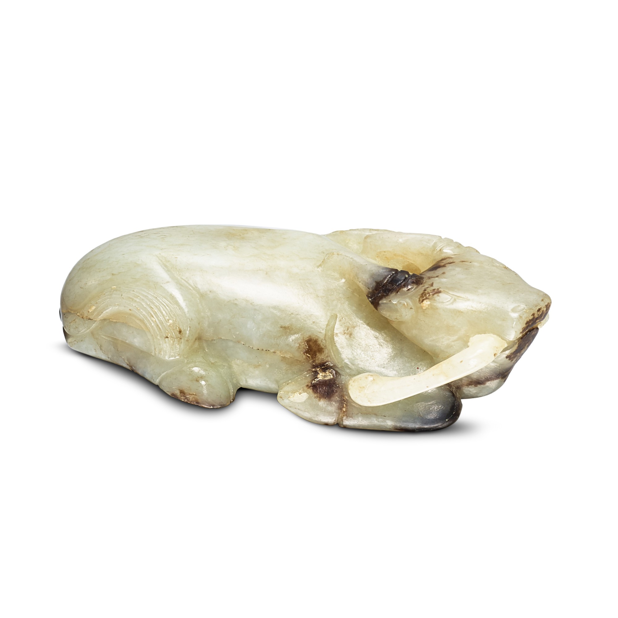 Unknown — A white and black jade 'buffalo and millet' group  Late Ming - early Qing dynasty 明末清初 玉臥牛銜穗 