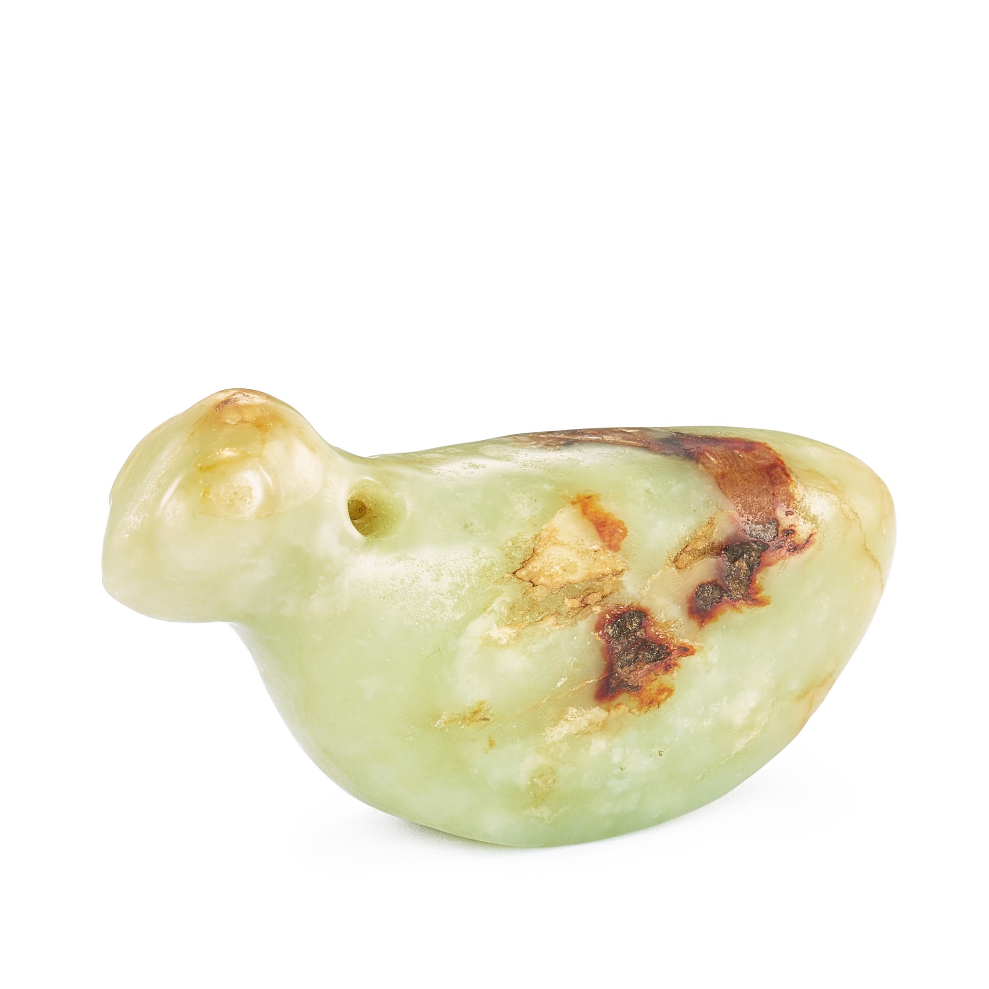 A celadon and russet jade figure of a bird, — A celadon and russet jade figure of a bird, Neolithic period, Hongshan culture 新石器時代紅山文化 青玉鳥
