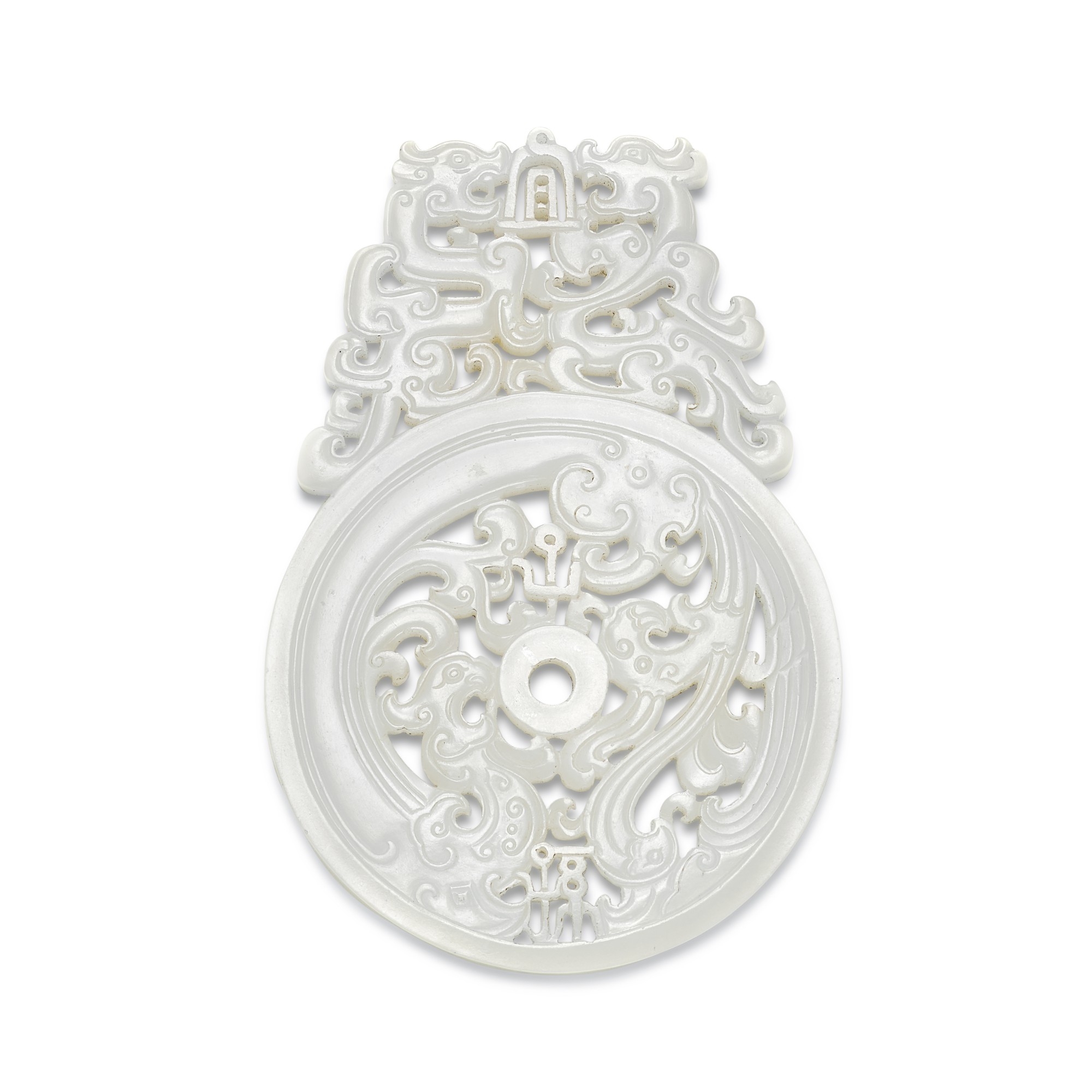 An inscribed white jade 'yi zisun' reticulated plaque, — An inscribed white jade 'yi zisun' reticulated plaque, Qing dynasty 清 白玉透雕宜子孫龍鳳紋出廓璧