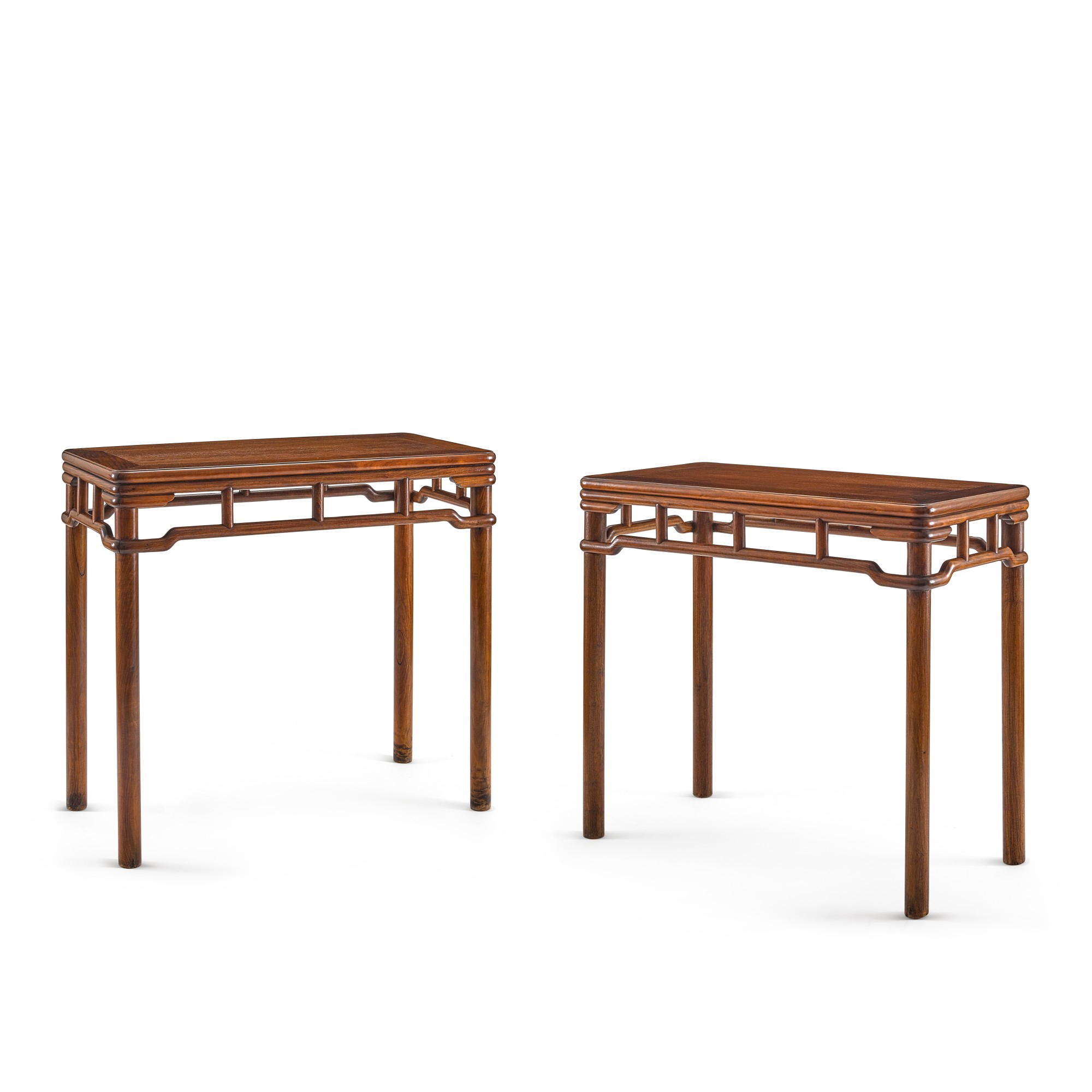 A pair of huanghuali side tables — A pair of huanghuali side tables 黃花梨羅鍋棖加矮老條桌一對