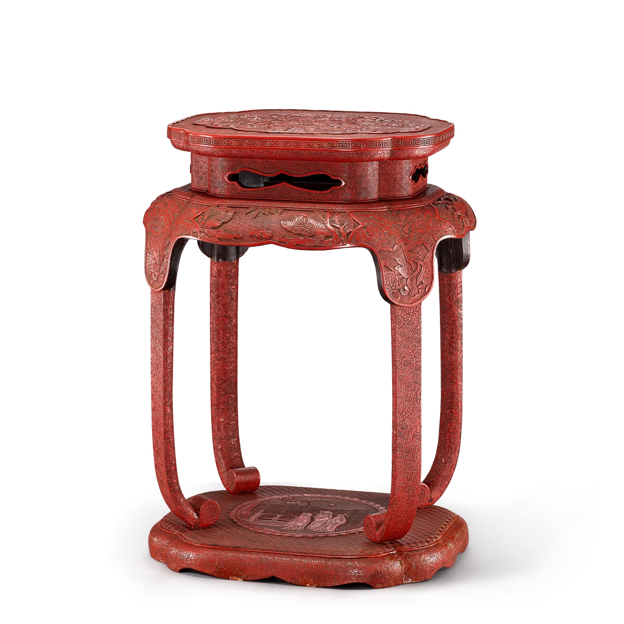A Japanese cinnabar lacquer stand, — A Japanese cinnabar lacquer stand,   19th century   十九世紀 日本剔紅石榴龍紋束腰香几  《首里王府》《尚殿》款