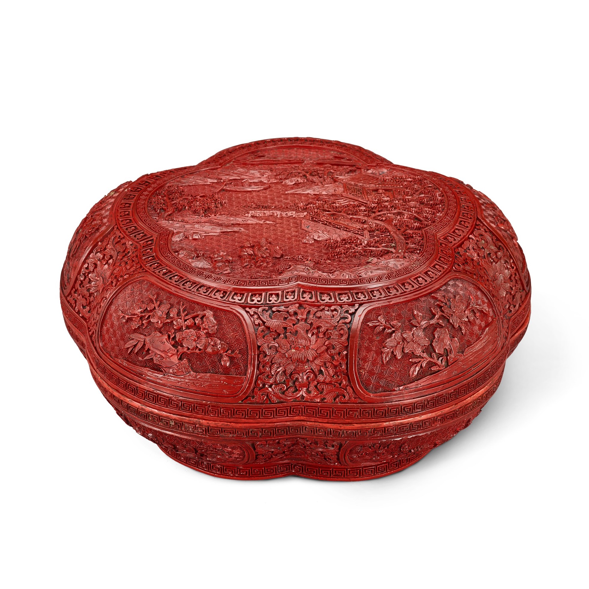 A cinnabar lacquer 'scholars' lobed box and cover, — A cinnabar lacquer 'scholars' lobed box and cover, Qing dynasty, Qianlong period 清乾隆 剔紅訪友圖梅花式捧盒
