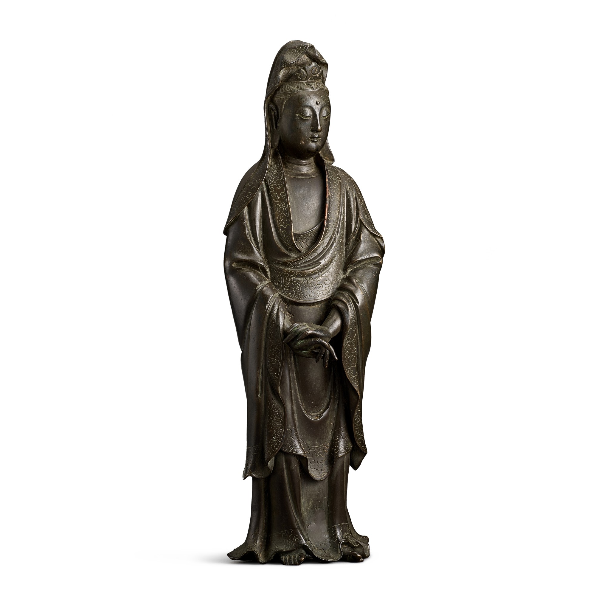 A bronze standing figure of Guanyin, — A bronze standing figure of Guanyin, Qing dynasty 清 銅觀音菩薩立像