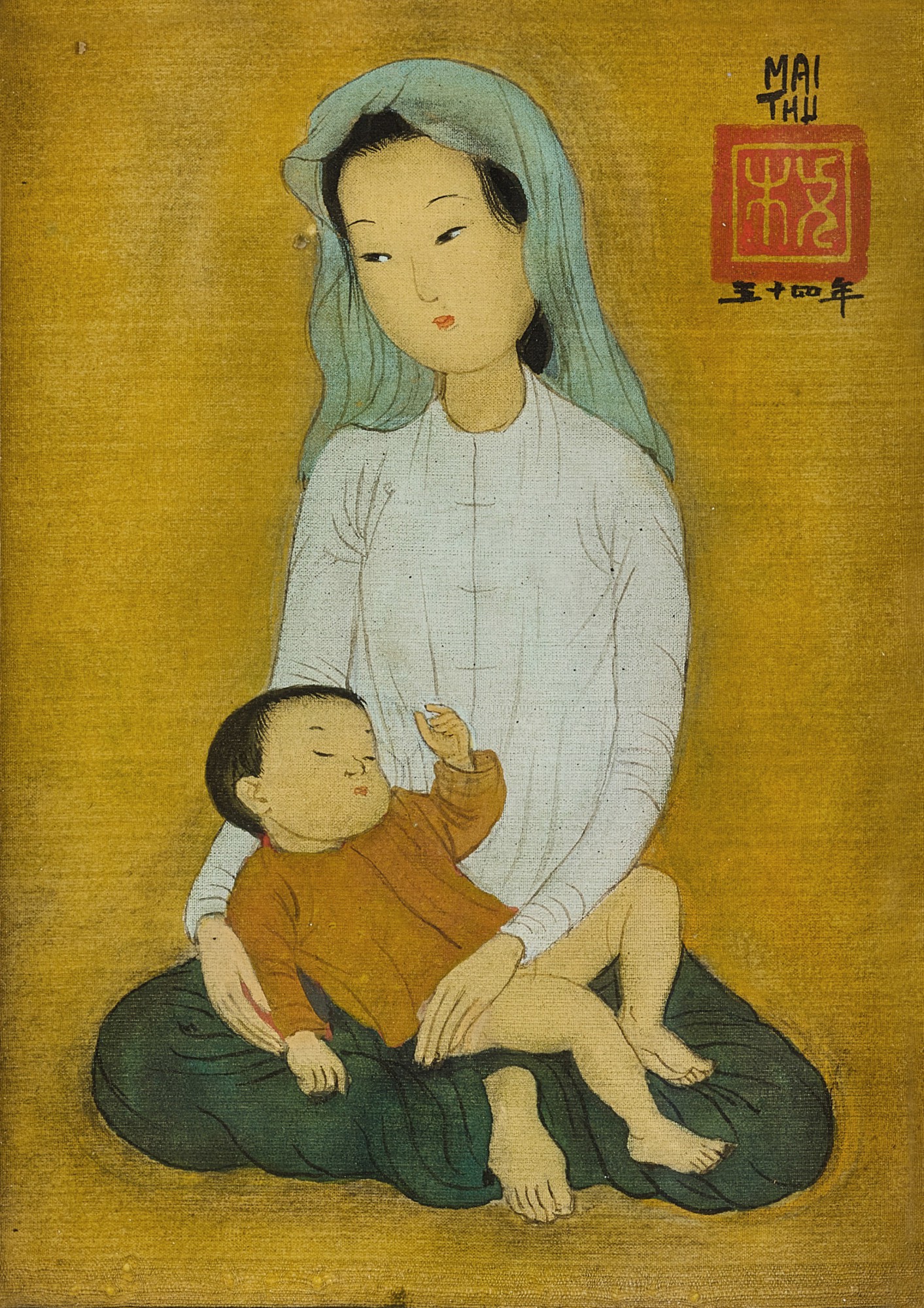 Mai Trung Thu — Mère et enfant, voile bleu 母與子，藍色圍巾