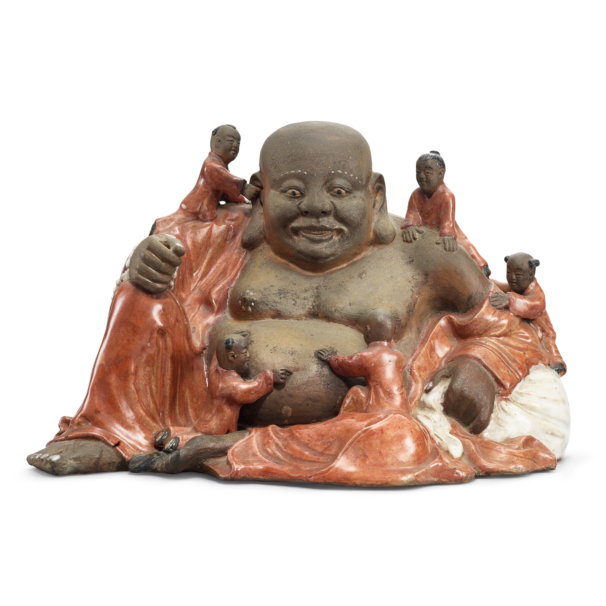 A Shiwan pottery figure of laughing Buddha, — A Shiwan pottery figure of laughing Buddha, Signed Pan Yushu, Republican period 民國 石灣多子佛像 《潘玉書製》款