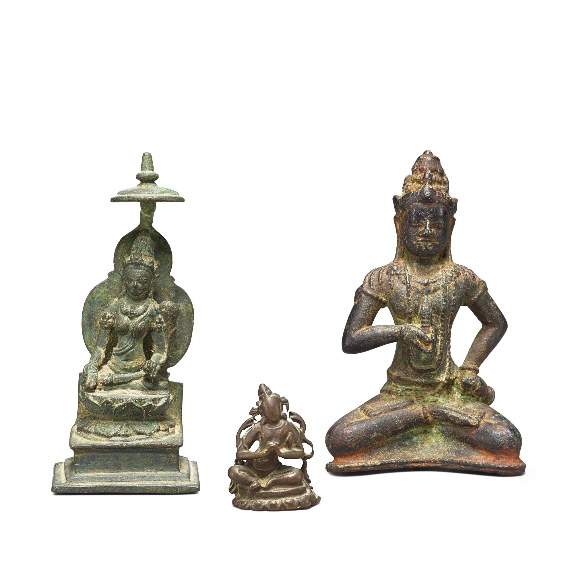 Unknown — Two bronze figures of Bodhisattvas, Java, circa 10th century, and a small figure of a Bodhisattva, Pala, Eastern India, 12th century 約十世紀 爪哇 銅菩薩坐像兩尊 及 十二世紀 東印度帕拉 袖珍銅菩薩坐像一尊