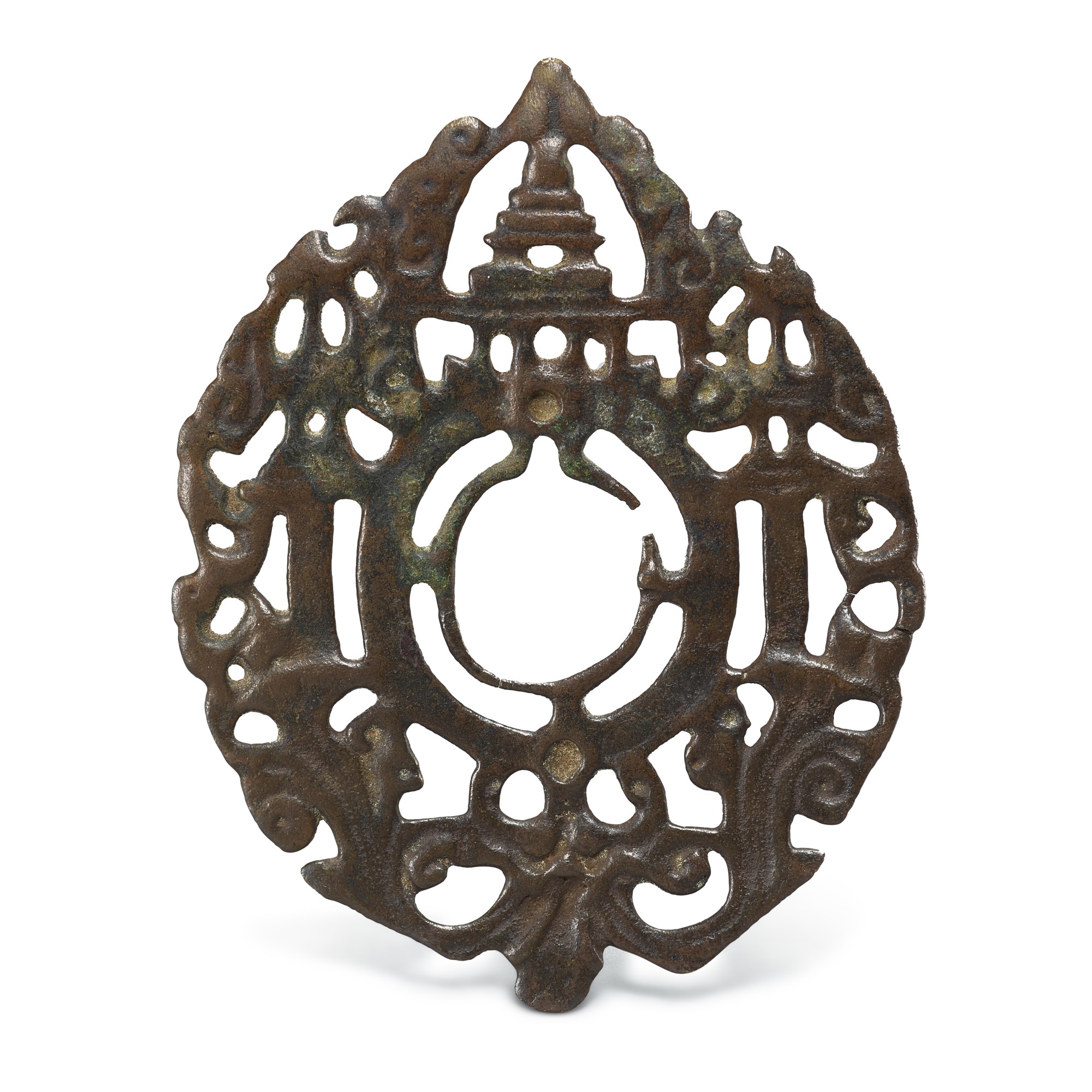 A copper-alloy 'stupa and monster mask' thogchag, — A copper-alloy 'stupa and monster mask' thogchag, Tibet, 8th - 11th century 八至十一世紀 西藏 舍利塔紋天鐵