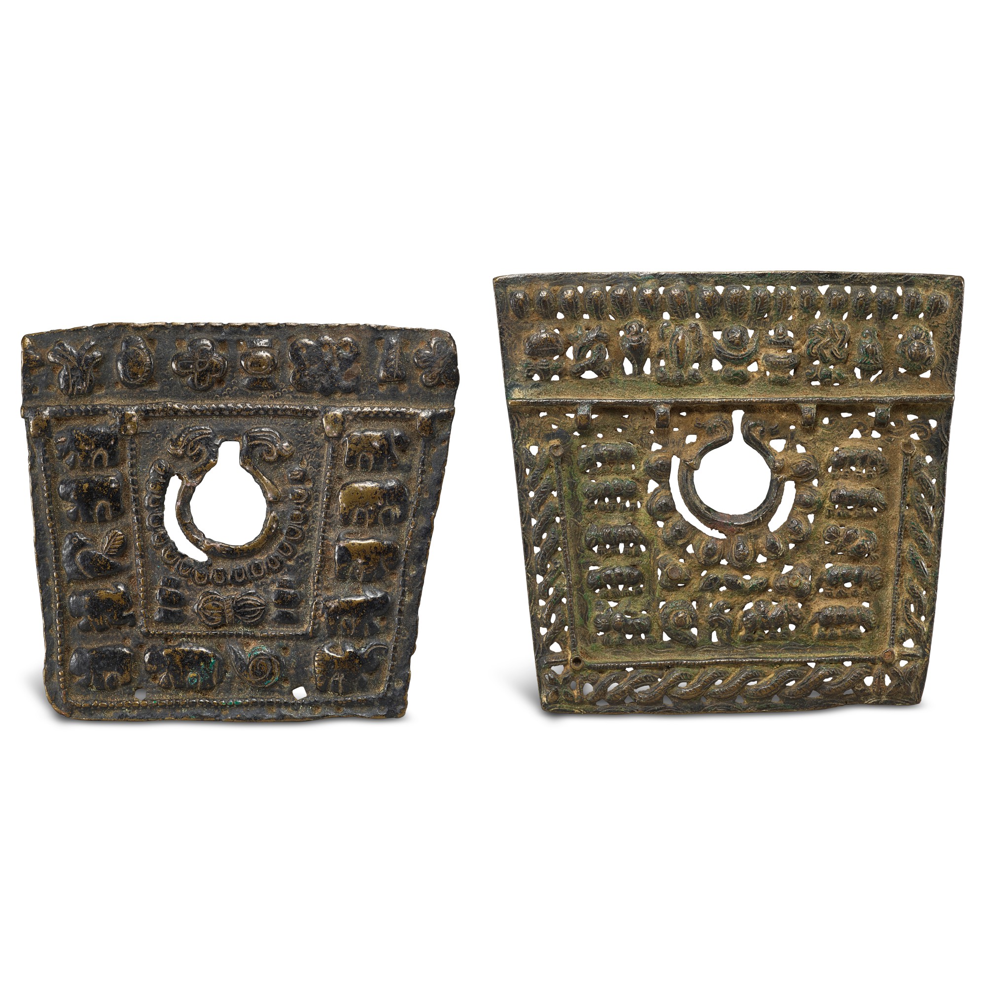 Two copper-alloy 'twelve zodiac animals and Eight Buddhist emblems' thogchags, — Two copper-alloy 'twelve zodiac animals and Eight Buddhist emblems' thogchags, Tibet, 12th - 15th century 十二至十五世紀 西藏 十二生肖及八吉祥紋天鐵一組兩件