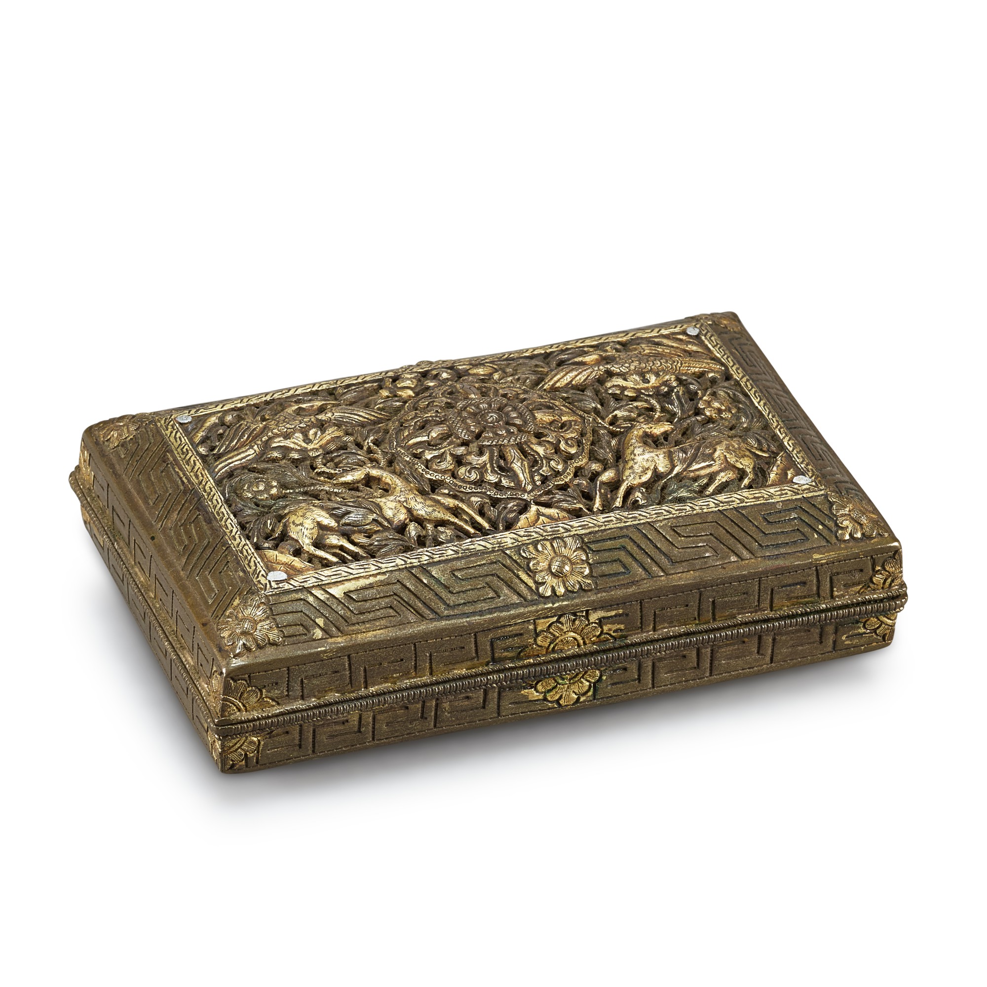 Unknown (Historical) — A parcel-gilt silver 'crane and deer' box, Himalaya, 19th century 十九世紀 喜瑪拉雅 局部鎏金銀鹿鶴同春蓋盒