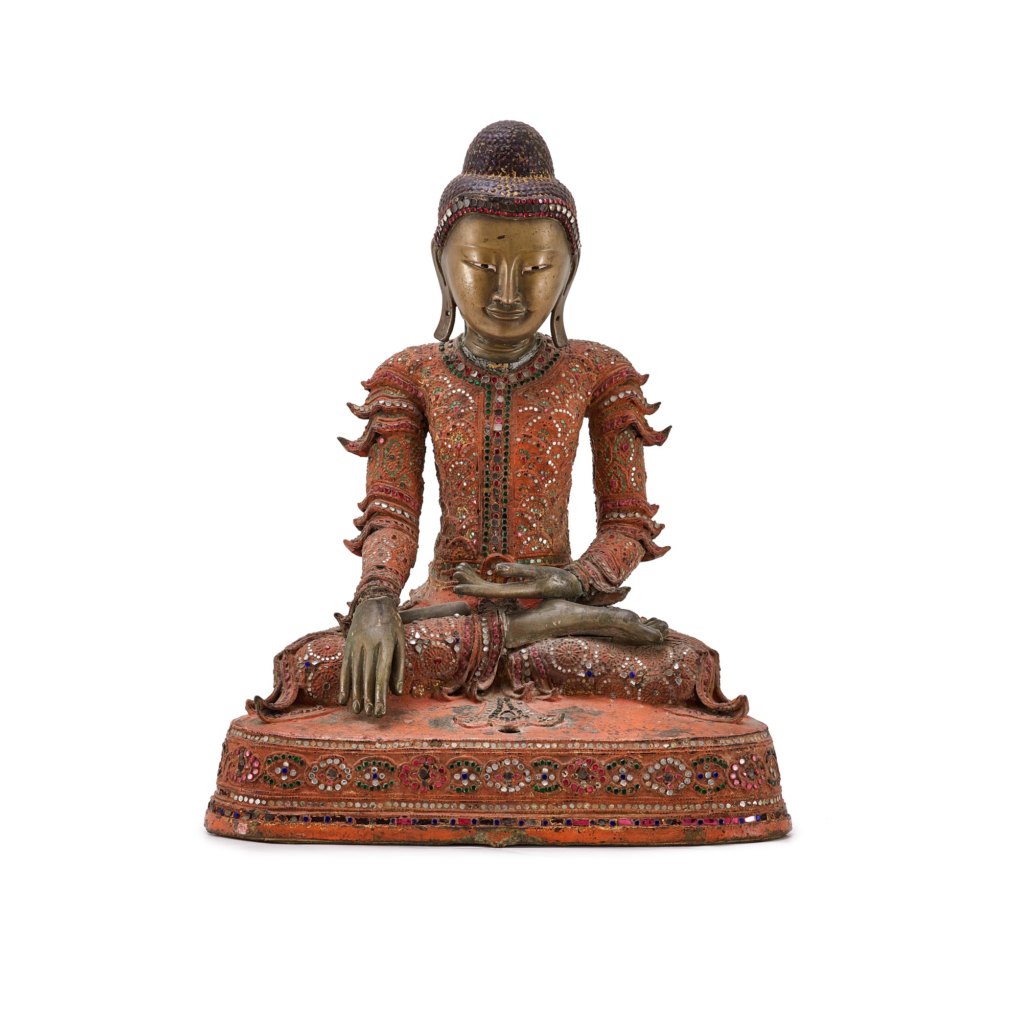 A Mandalay-embellished and lacquered copper-alloy figure of Buddha, — A Mandalay-embellished and lacquered copper-alloy figure of Buddha, Burma, Mandalay Period, 19th century 十九世紀 緬甸曼德勒時期 紅漆銅合金釋迦牟尼佛坐像