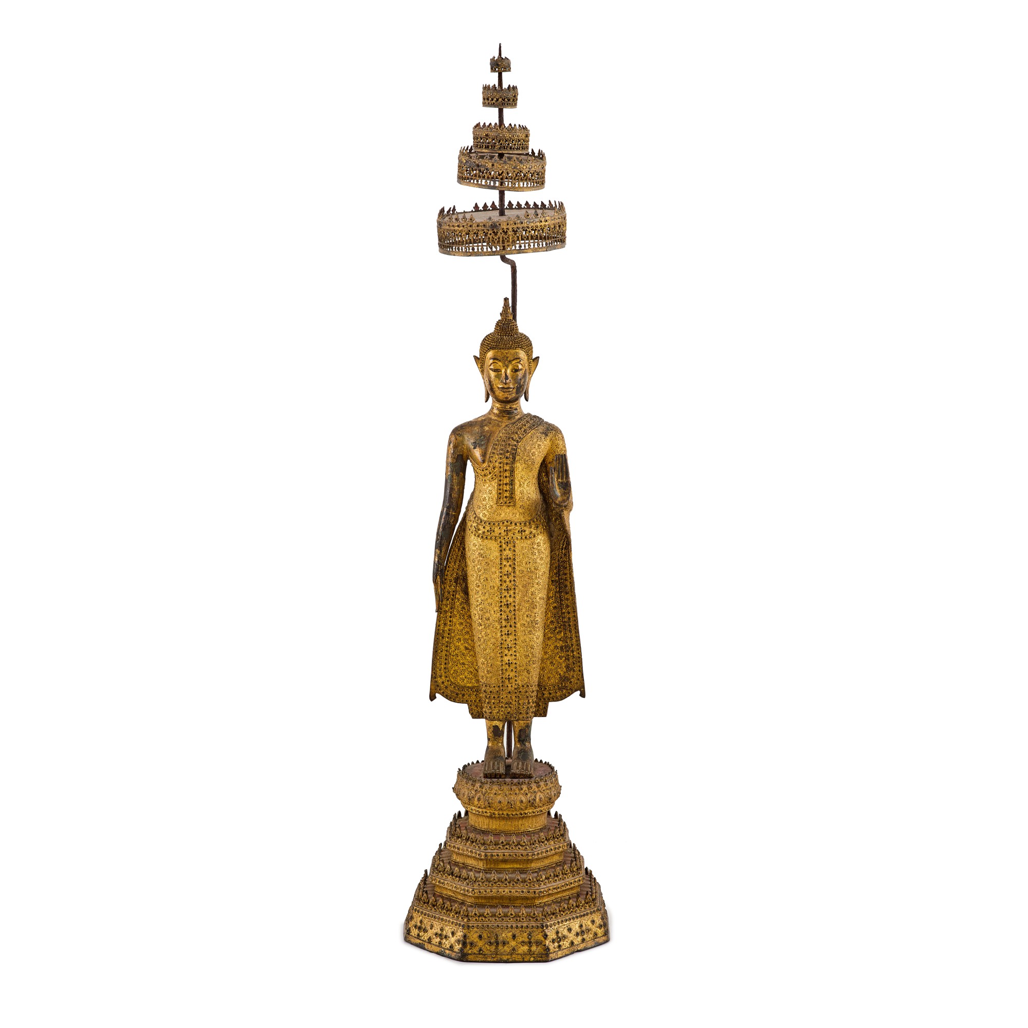 Unknown (Historical) — A large gilt-copper alloy standing figure of Buddha, Thailand, 19th century 十九世紀 暹羅 鎏金銅釋迦牟尼佛立像
