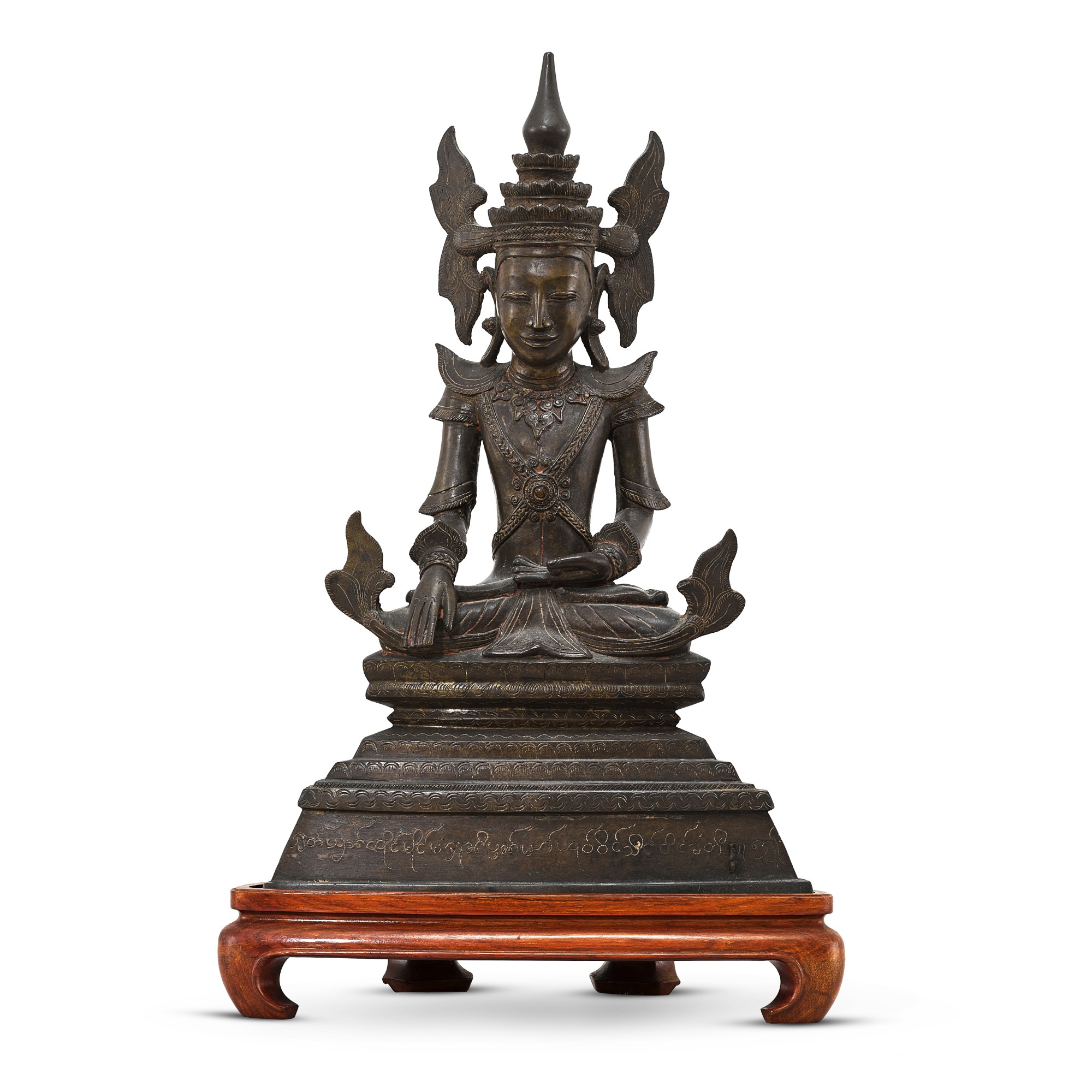 An inscribed copper-alloy seated figure of Buddha, — An inscribed copper-alloy seated figure of Buddha, Burma, Shan State, 17th - 19th century 十七至十九世紀 緬甸撣邦 銅刻銘文佛坐像