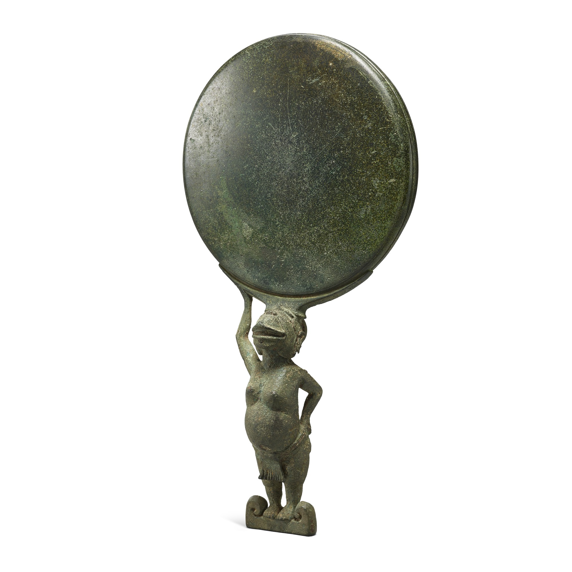 A bronze mirror with a female figure handle, — A bronze mirror with a female figure handle, Java, Eastern Javanese period, circa 11th century 約十一世紀 東爪哇時期 爪哇 神像柄青銅鏡