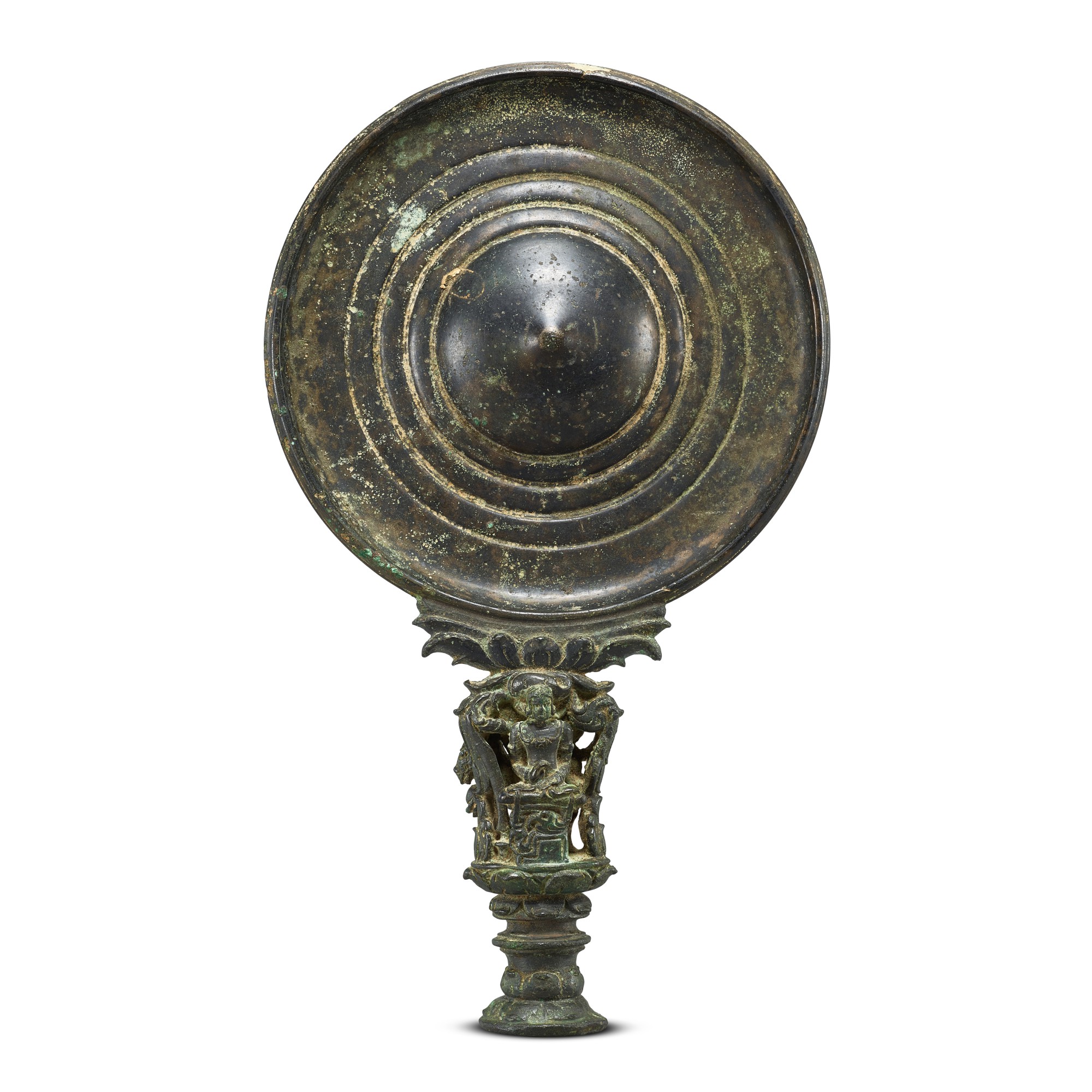 A bronze mirror with a Buddhist-style handle, — A bronze mirror with a Buddhist-style handle, Java, Eastern Javanese period, circa 11th century 約十一世紀 東爪哇時期 爪哇 佛像紋柄青銅鏡