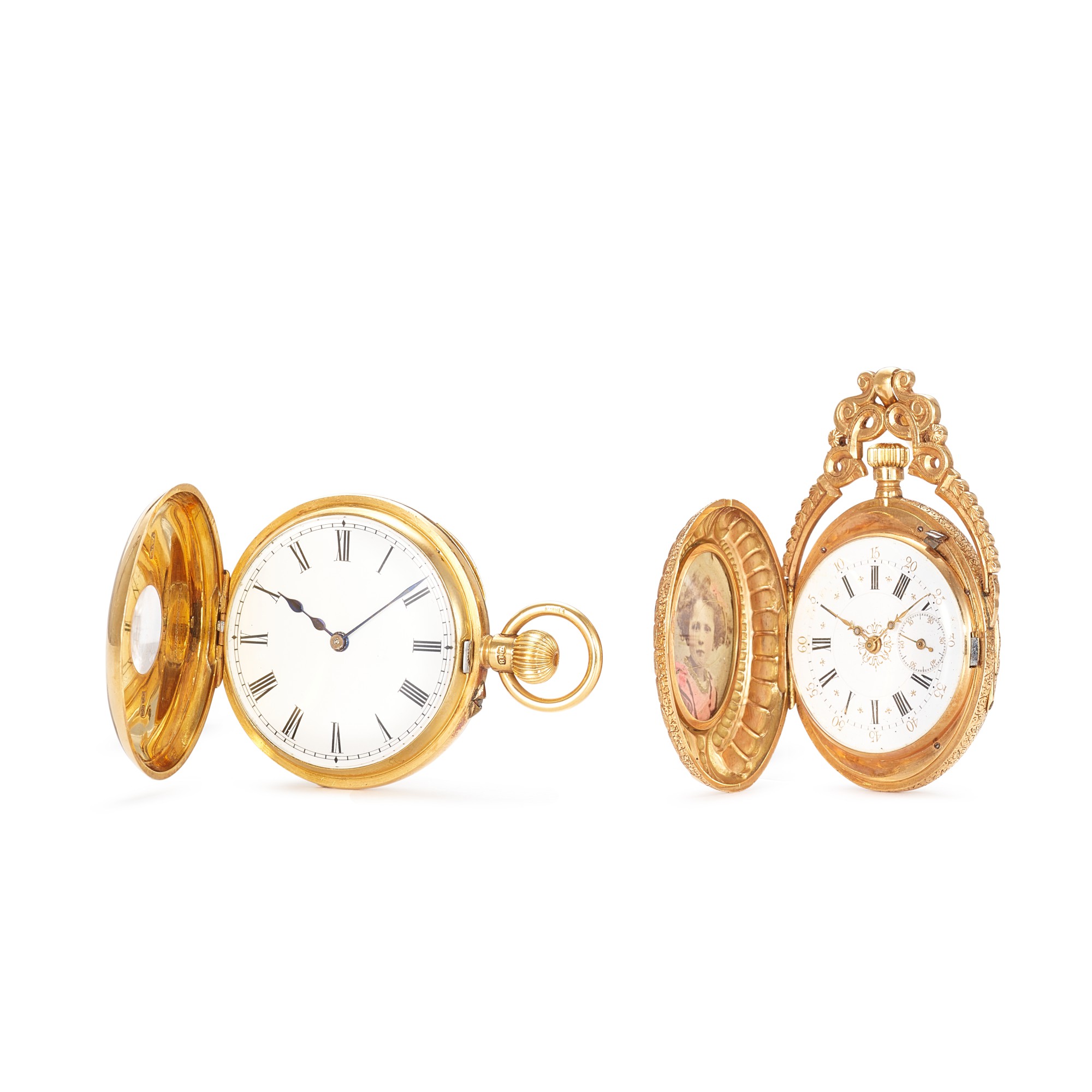 Unknown — Swiss, A group of two yellow gold hunting case pocket watch, circa 1900 約1900年 瑞士 懷裱一組兩件