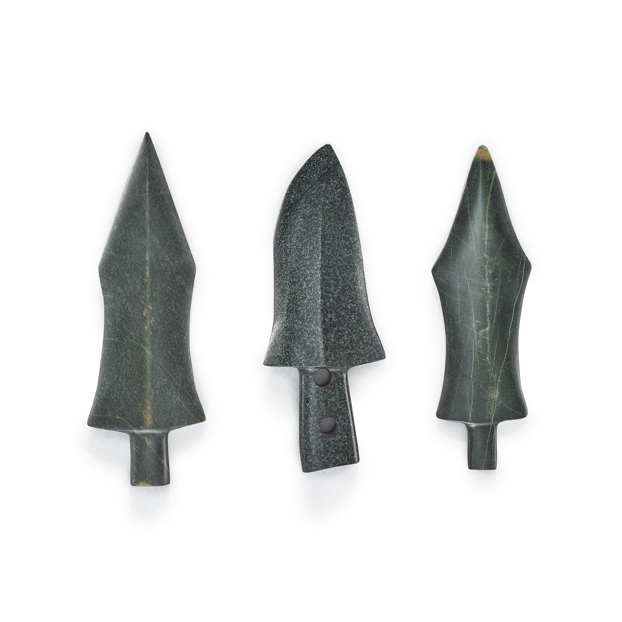 Three hardstone spearheads, — Three hardstone spearheads, Vietnam, Gò Mun culture, circa 8th century BCE 約公元前八世紀 安南椚丘文化 石雕矛鏃一組三把