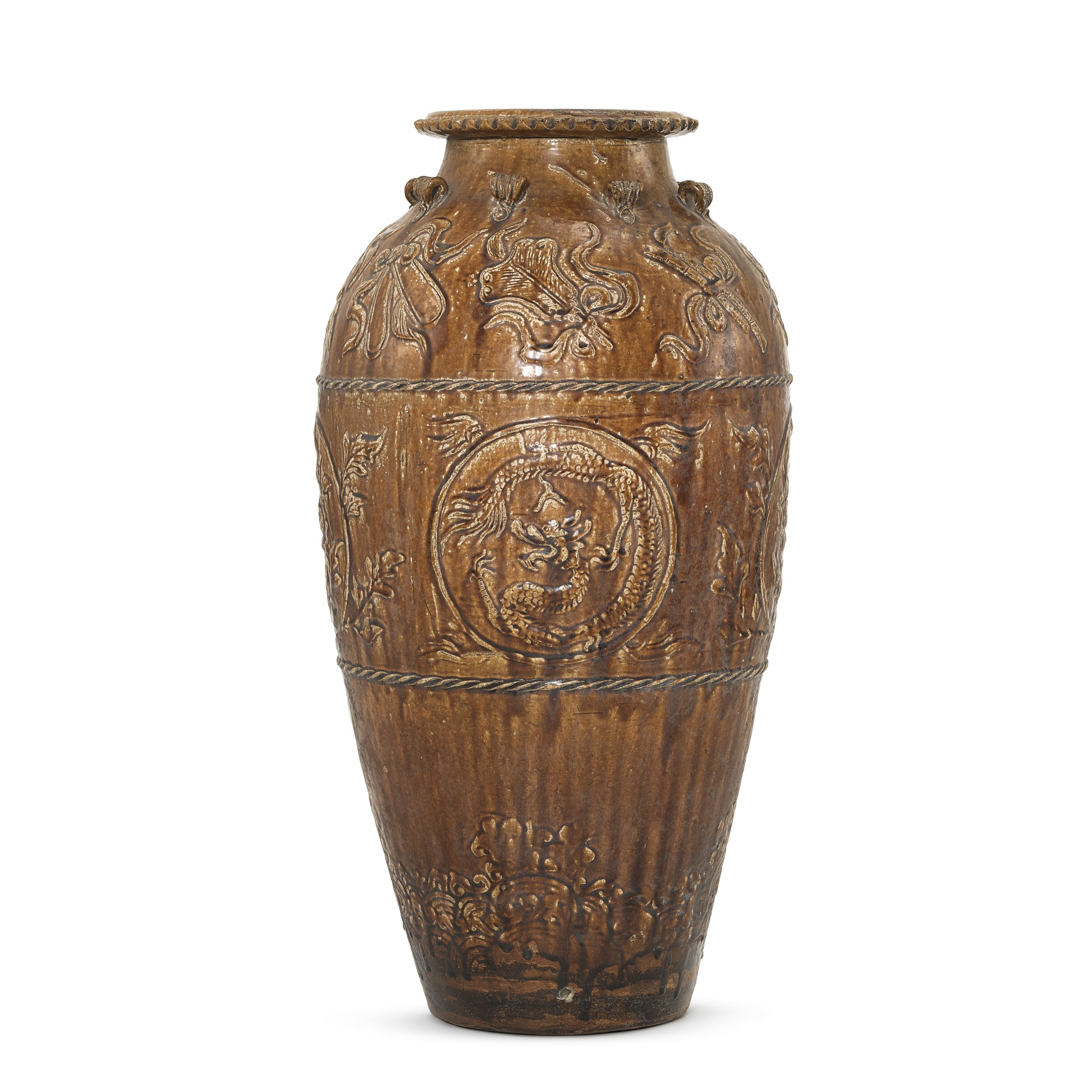 A large brown-glazed jar, — A large brown-glazed jar, Philippines, 17th - 19th century 十七至十九世紀 菲律賓 褐釉龍紋暗八仙大罐