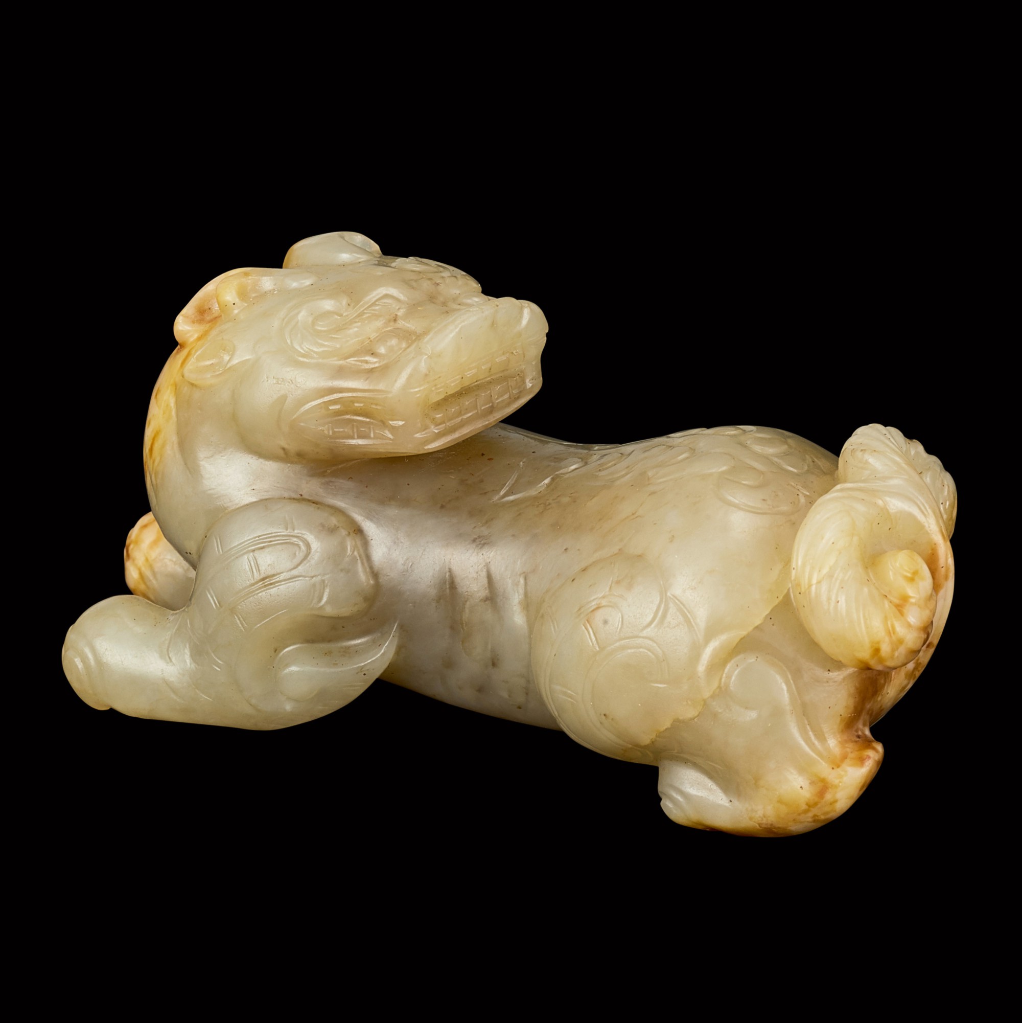 A greyish-celadon jade figure of a mythical beast — 明 灰青玉瑞獸
