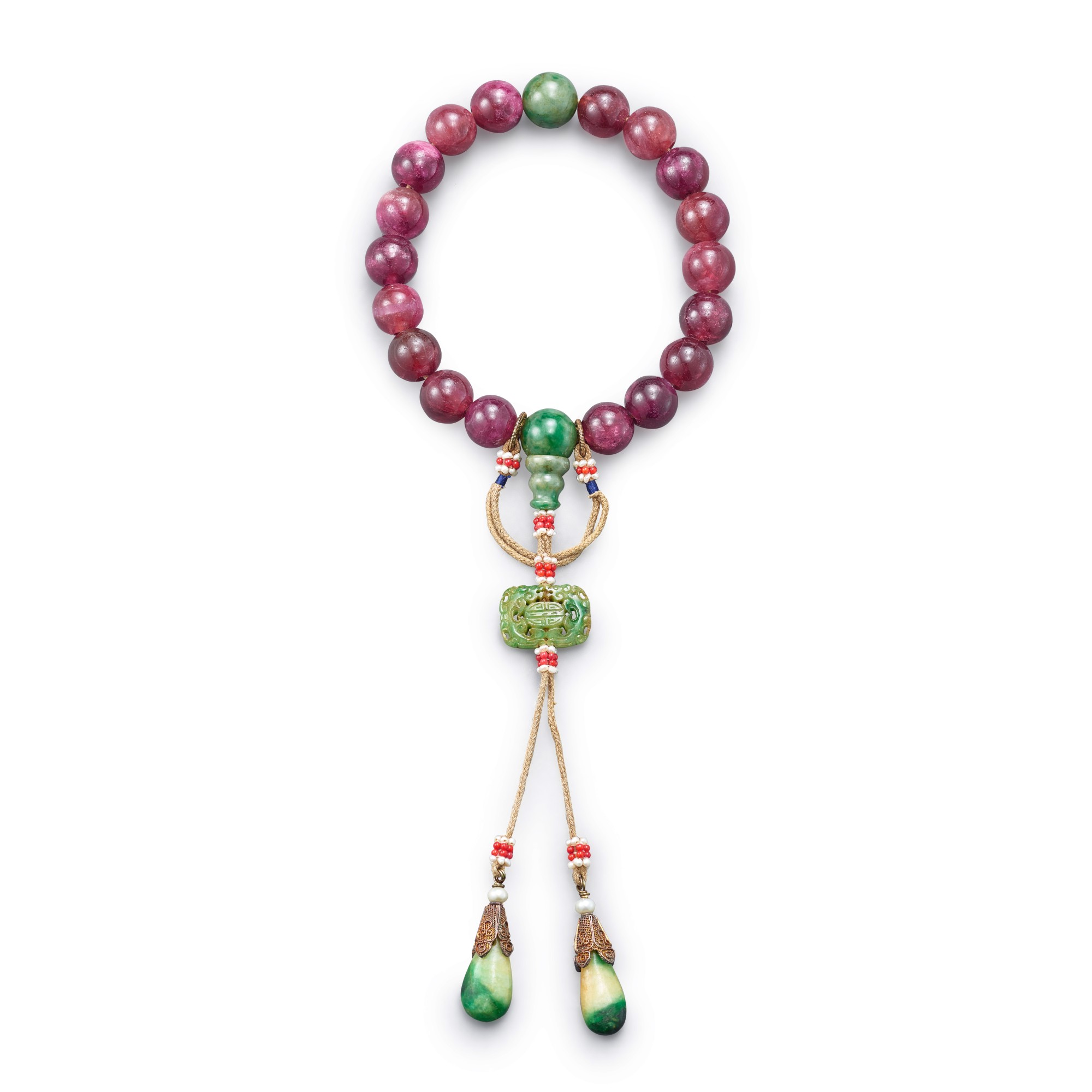 A tourmaline and jadeite bracelet, — A tourmaline and jadeite bracelet, Qing dynasty 清十九世紀 碧璽及翠玉十八子手串