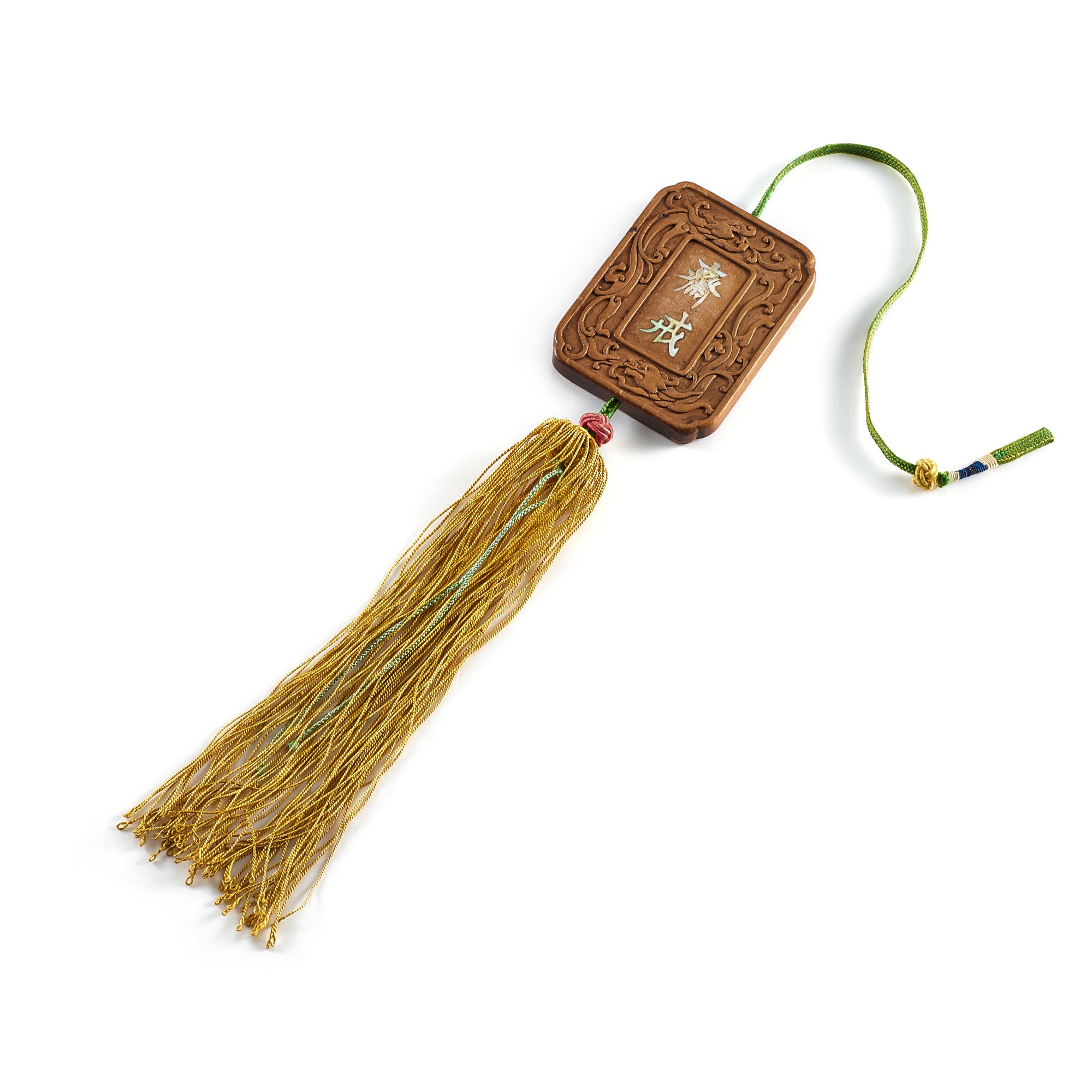 A mother-of-pearl-inlaid sandalwood abstinence plaque, — A mother-of-pearl-inlaid sandalwood abstinence plaque, Qing dynasty 清 檀木嵌螺鈿齋戒牌