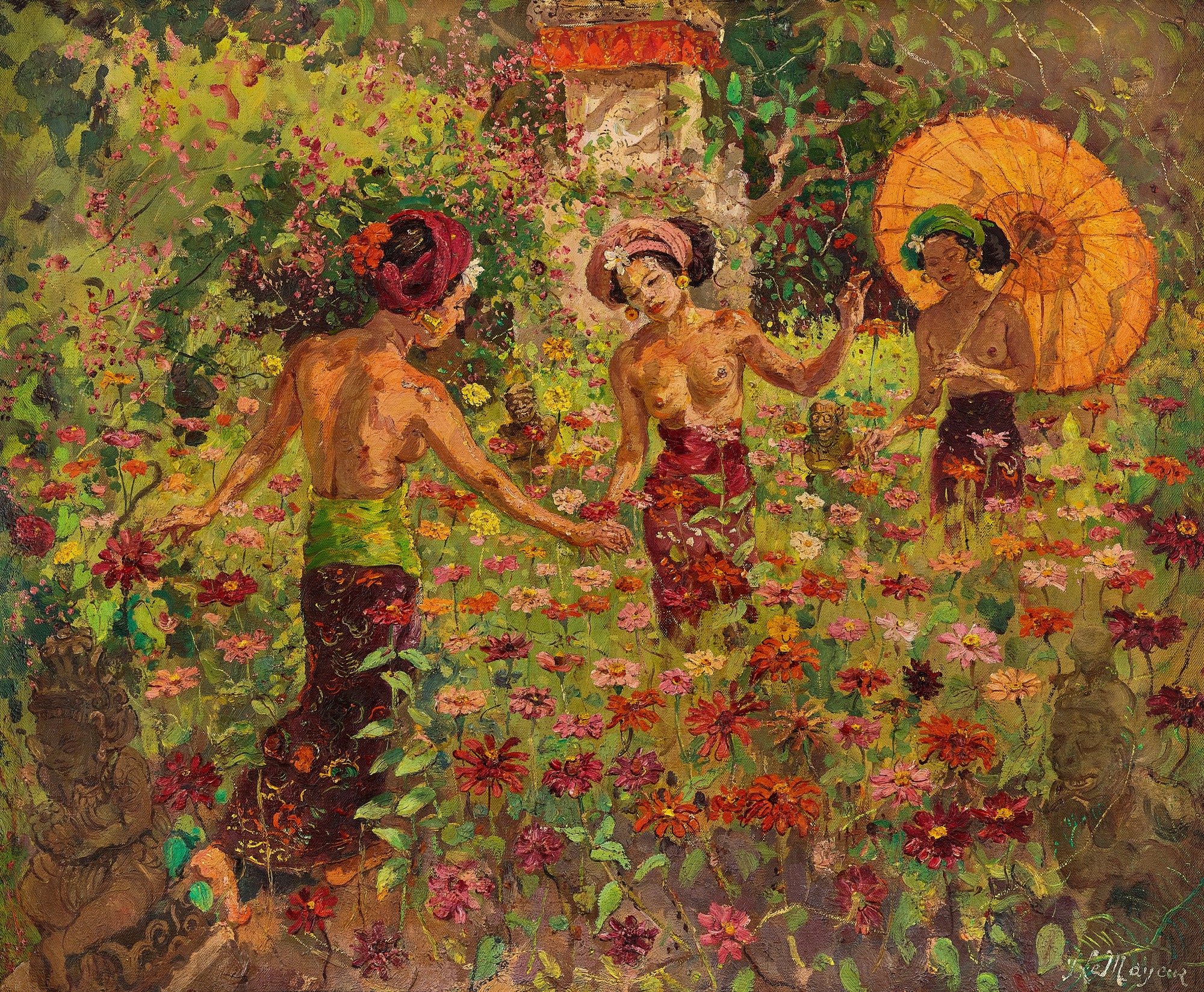 Adrien Jean Le Mayeur de Merprès — Three Balinese Women in Garden 花園裡的峇里三美