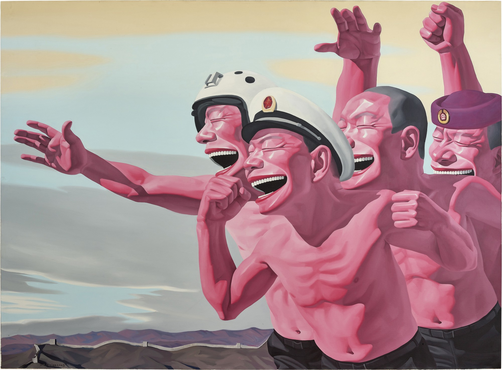 Yue Minjun — Hat Series: Within, Without the Great Wall  帽子系列 – 長城内外