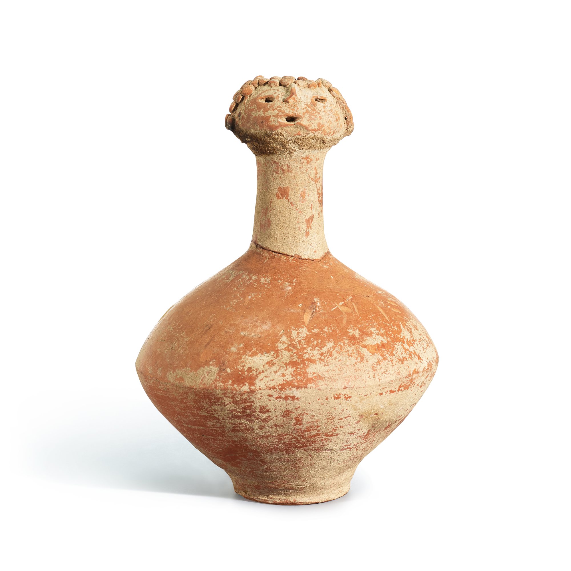 An extremely rare red pottery human-form bottle vase — An extremely rare red pottery human-form bottle vase Yangshao culture, Banpo phase, 4800-3500 B.C. 仰韶文化 半坡類型 紅陶人首瓶