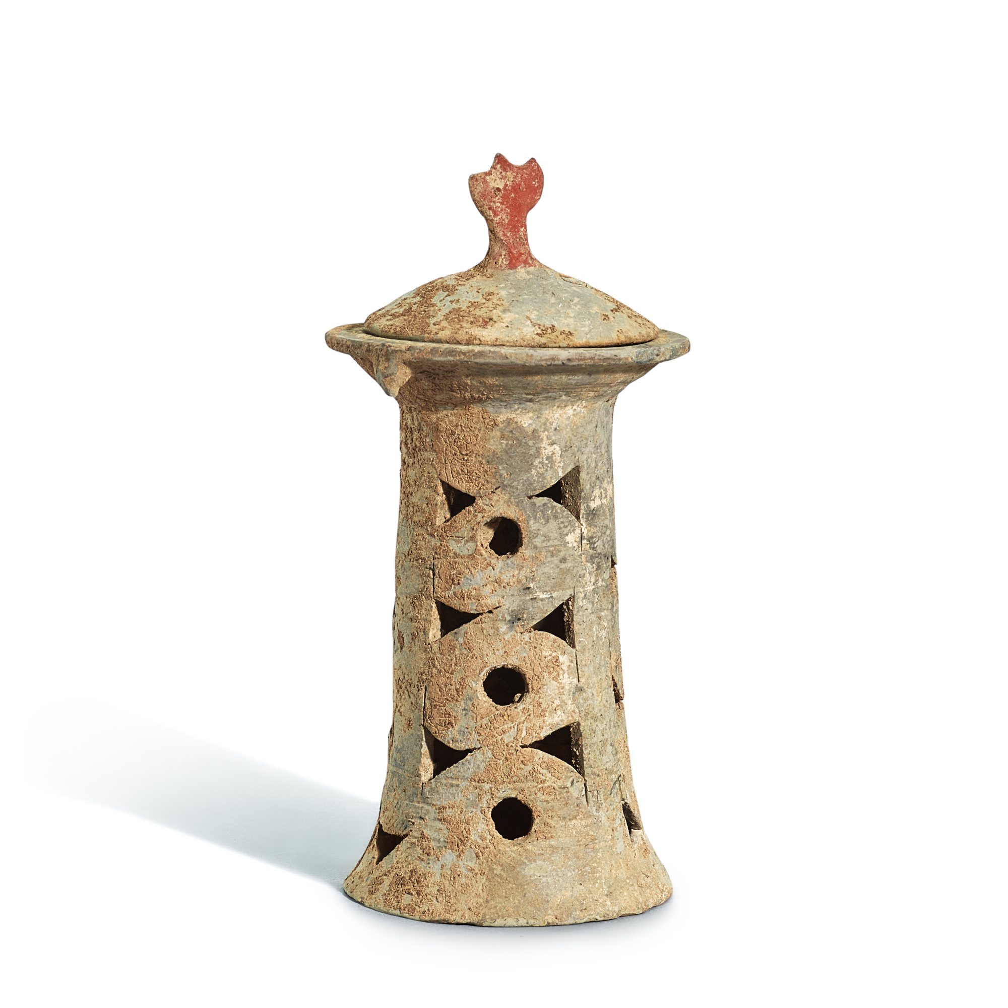 Unknown — A small pierced grey pottery tazza and cover, Dawenkou culture c. 4300-2400 B.C. 大汶口文化 灰陶帶蓋鏤空高足盤