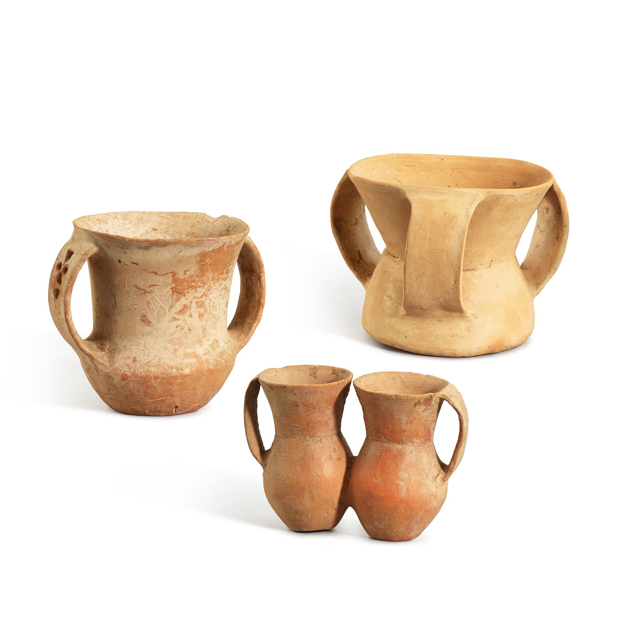 Three red pottery vessels — Three red pottery vessels Qijia culture, c. 2050-1700 B.C. 齊家文化 紅陶雙聯罐、鏤雕雙耳盃 及 三耳盃