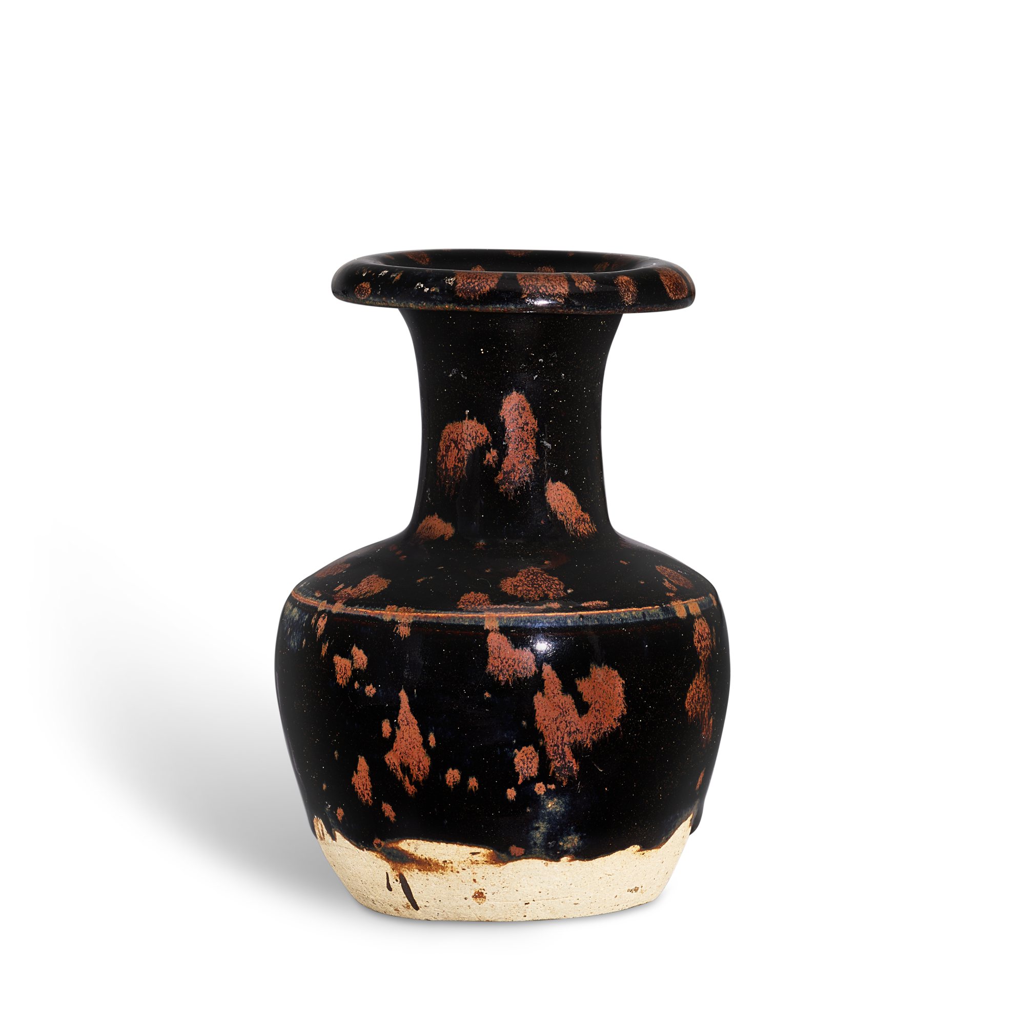 A russet-splashed black-glazed vase, — A russet-splashed black-glazed vase, Northern Song - Jin dynasty 北宋至金 黑釉鐵鏽飛斑卷口瓶