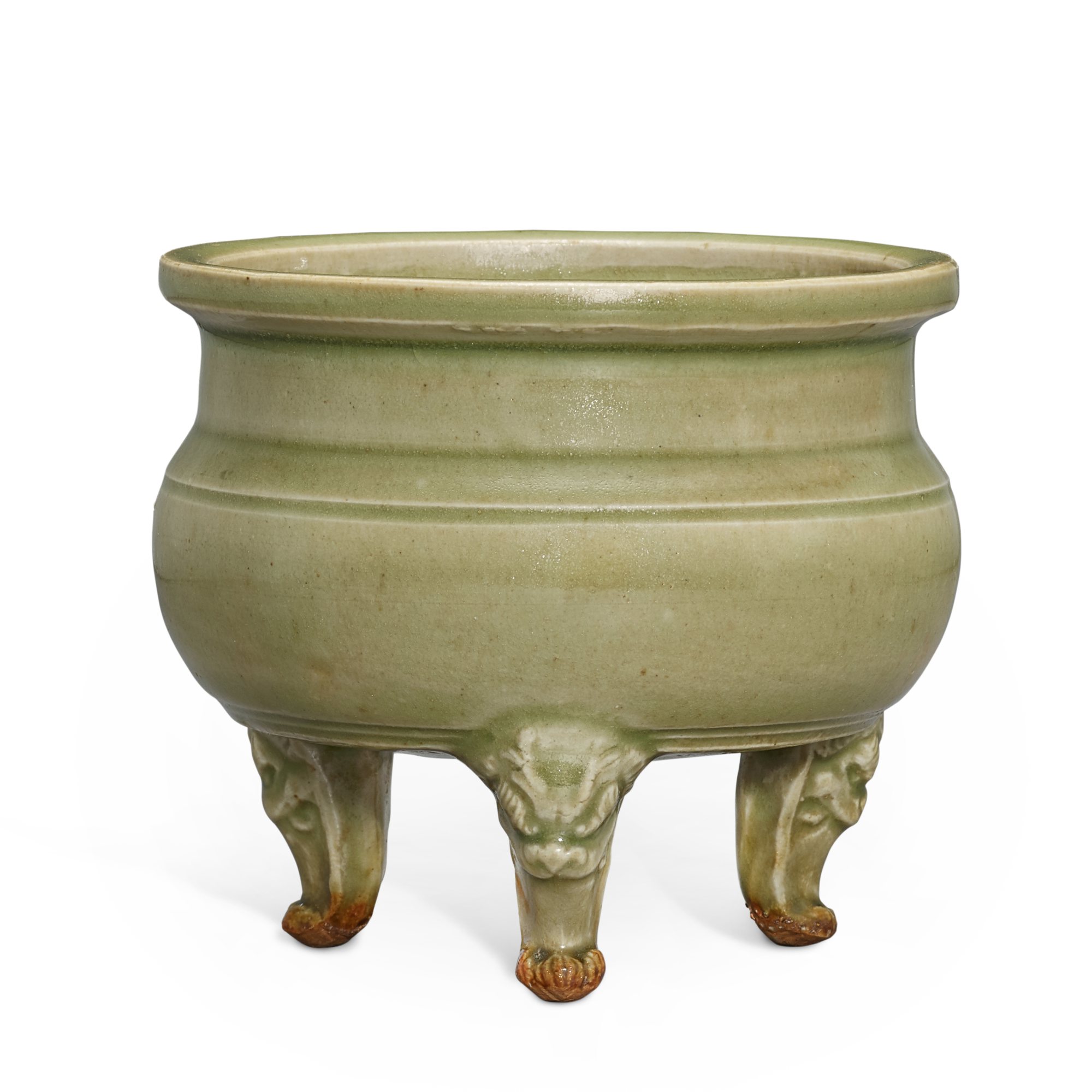 A Yaozhou celadon tripod incense burner, — A Yaozhou celadon tripod incense burner, Jin dynasty 金 耀州青釉三獸足爐