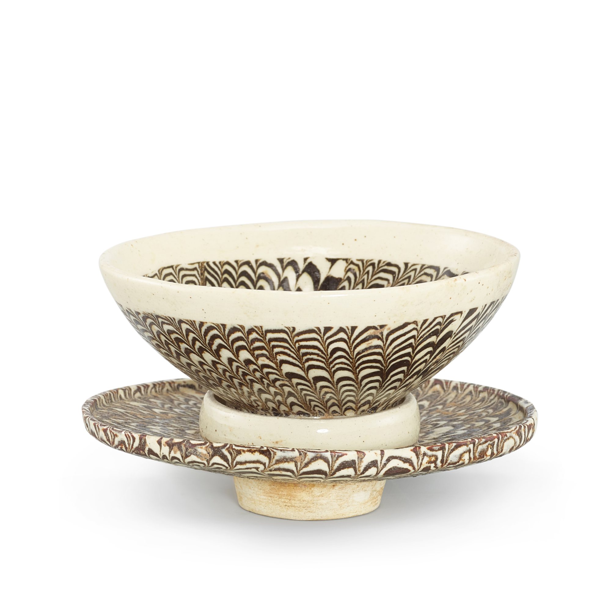 A rare marbled clay tea bowl and stand, — A rare marbled clay tea bowl and stand, Song dynasty 宋 絞胎茶盞及盞托