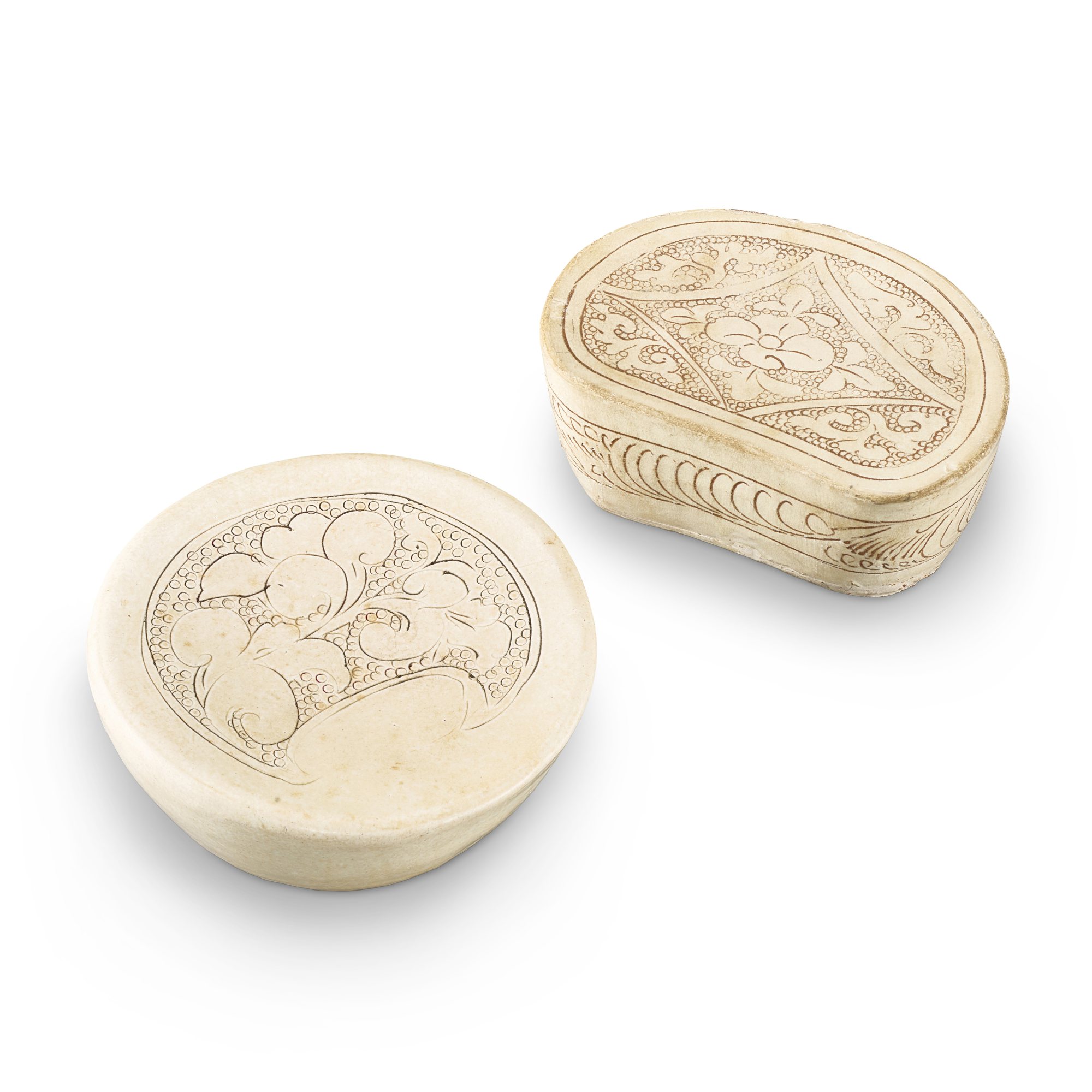 Unknown — A Shanxi 'peony' circular pillow and a Henan carved 'peony' pillow, Northern Song dynasty 北宋 山西珍珠地劃牡丹紋圓枕 及 河南珍珠地劃牡丹紋腰形枕