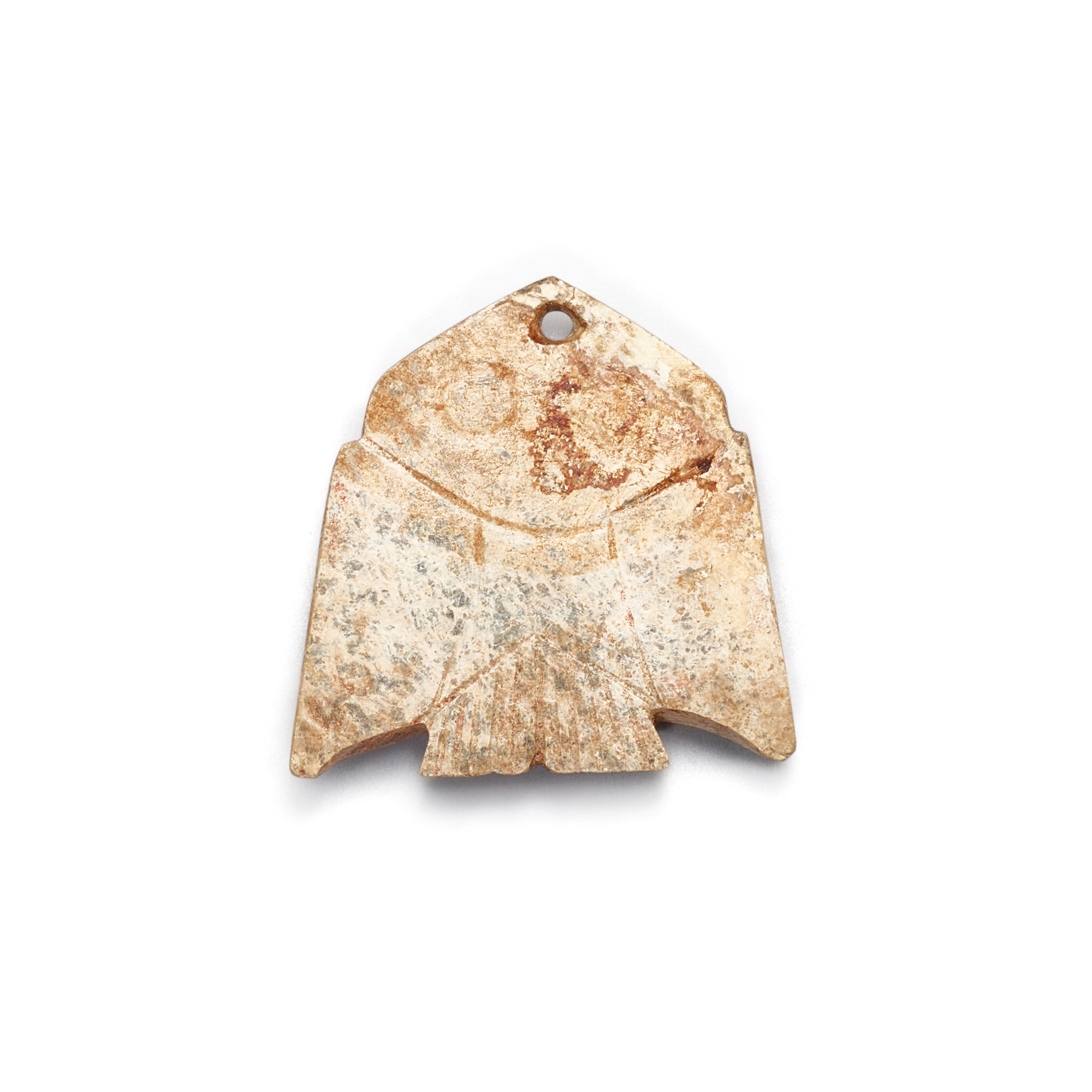 A small calcified jade 'bird' pendant, — A small calcified jade 'bird' pendant, Probably Shang dynasty 或商 玉鳥珮