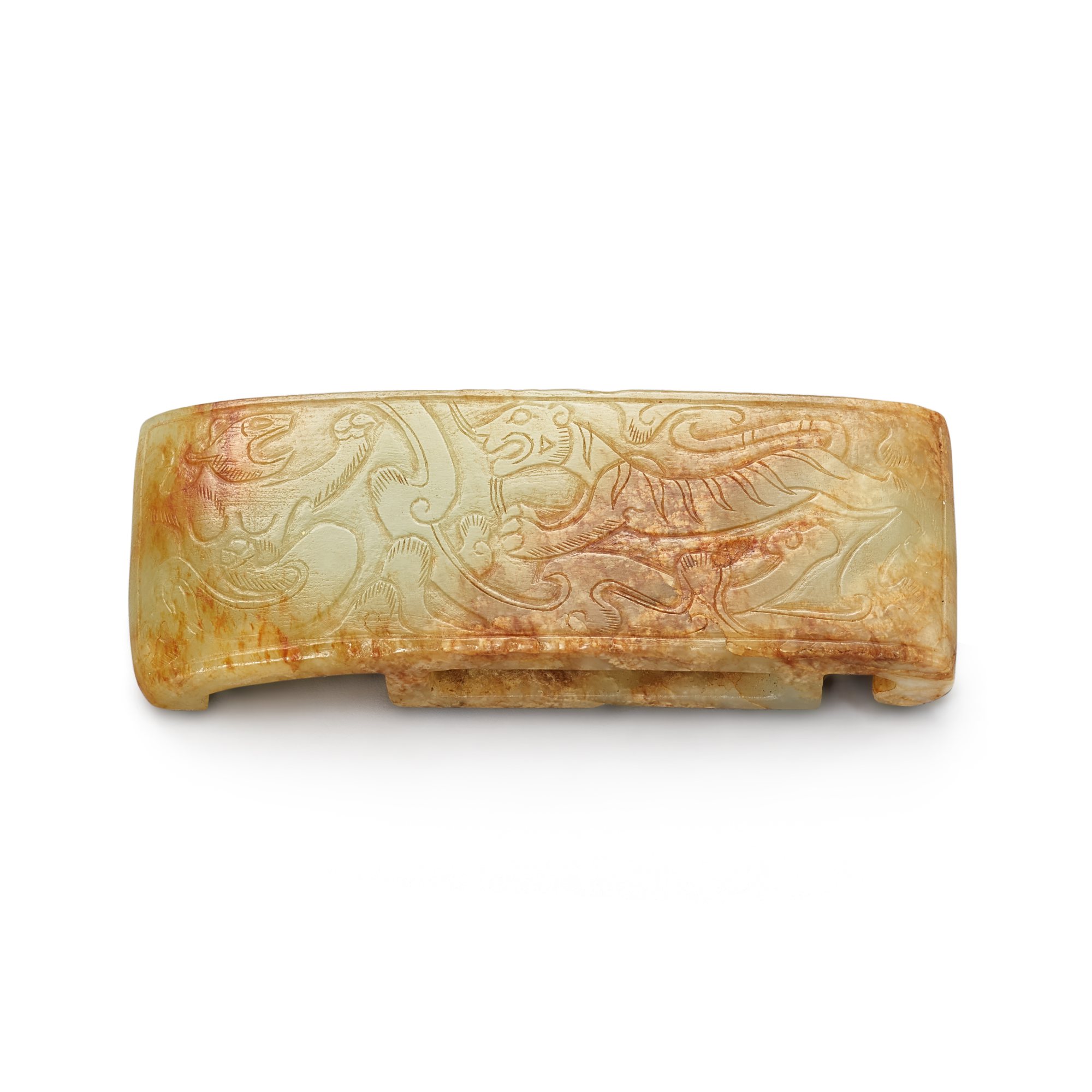 A celadon jade 'bear and tiger' scabbard slide, — A celadon jade 'bear and tiger' scabbard slide, Yuan dynasty or earlier 元或更早 青玉熊虎紋劍璏