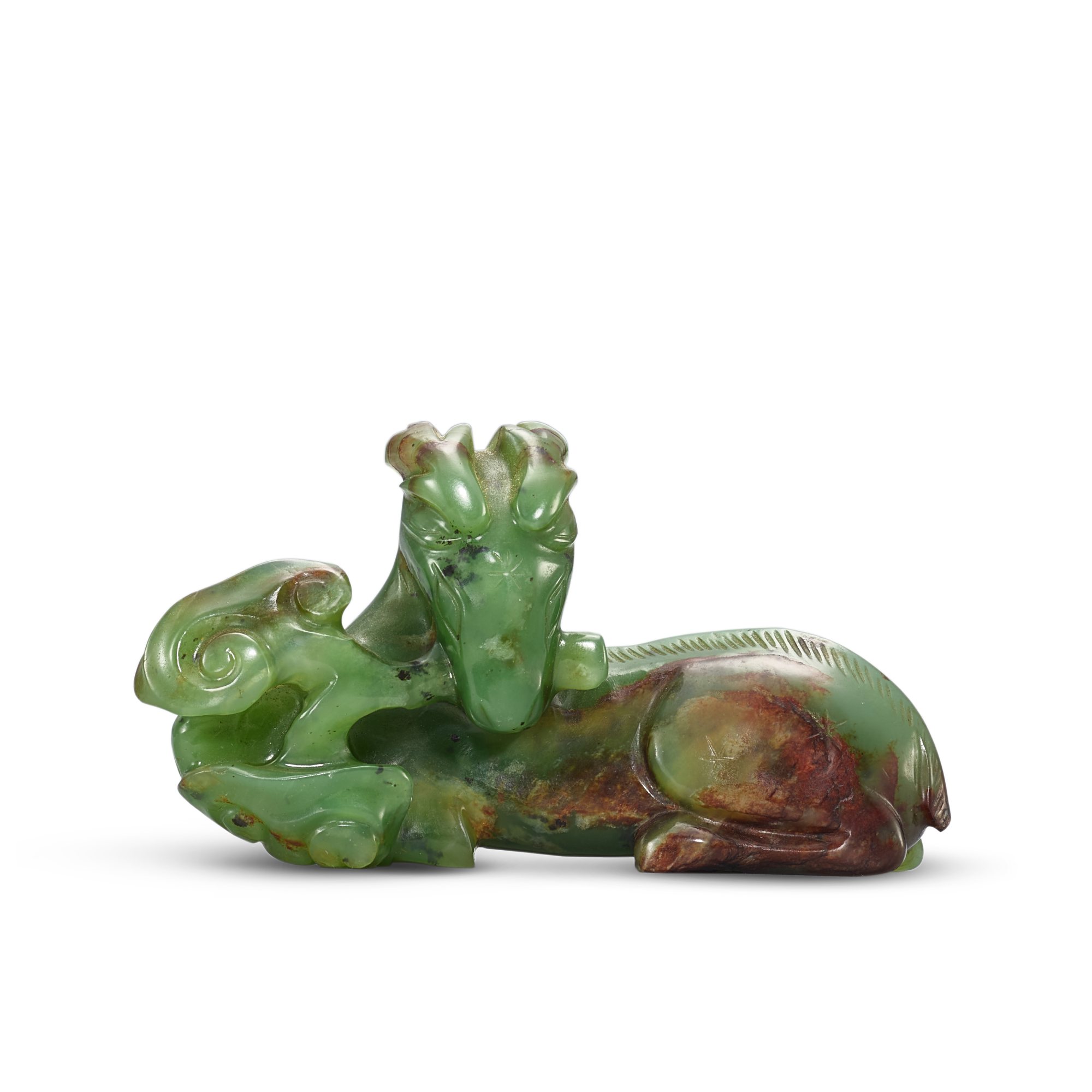A spinach-green jade 'deer and lingzhi' group, — A spinach-green jade 'deer and lingzhi' group, 17th century 十七世紀 碧玉雕臥鹿銜靈芝