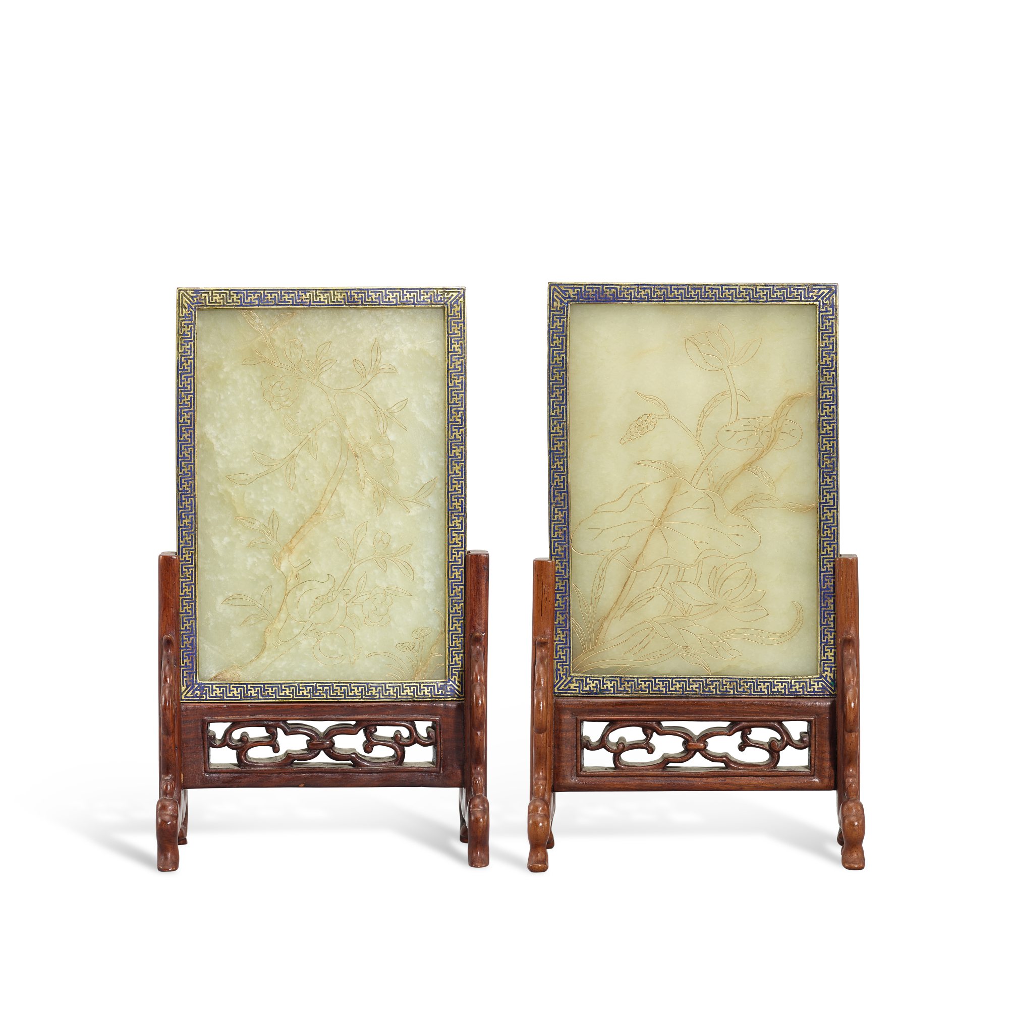 Unknown (Historical) — A pair of incised and gilt pale celadon jade screens with cloisonné frames, Qing dynasty 清 青白玉填金刻萬壽花卉紋硯屏一對 配掐絲琺瑯框