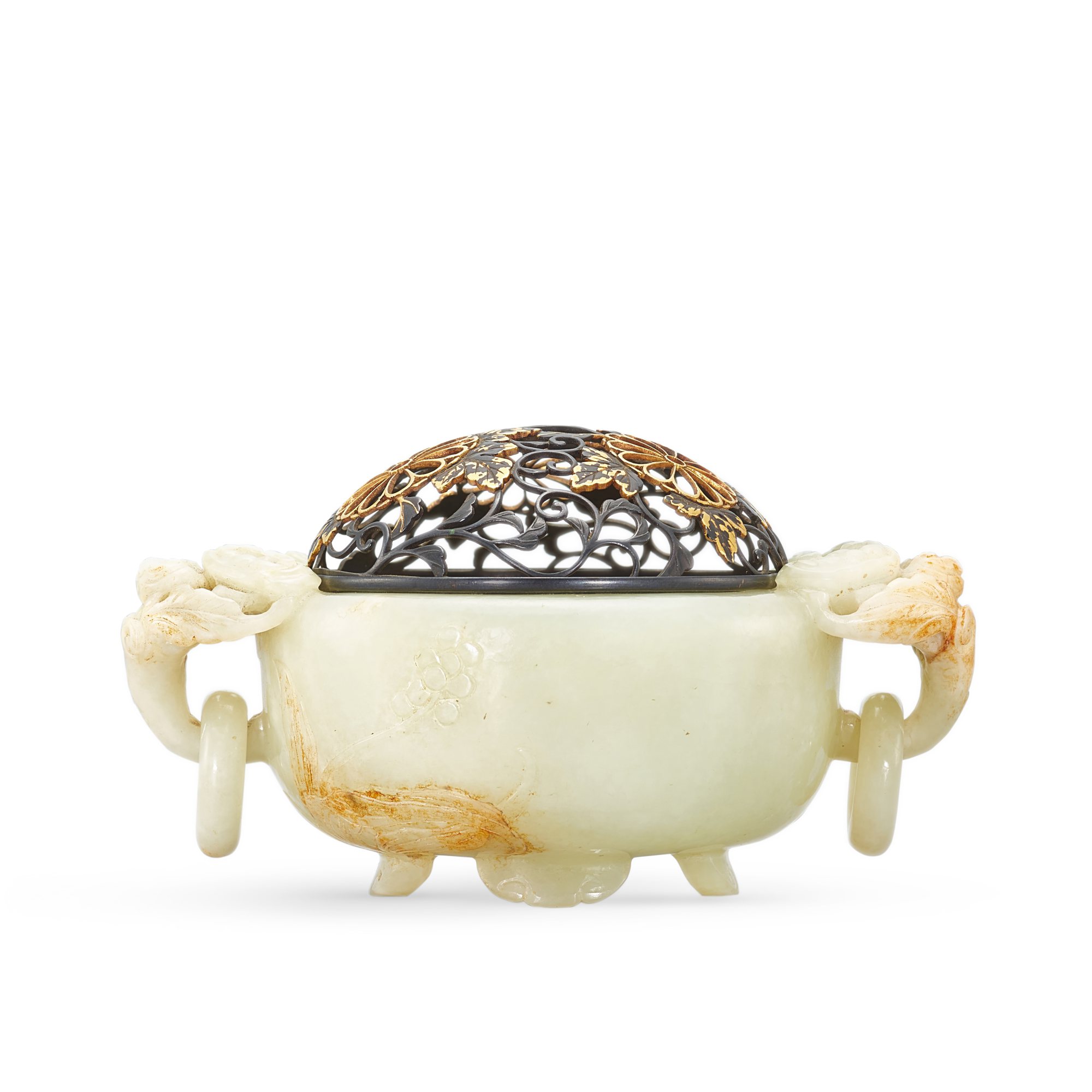 Unknown — A small celadon and russet jade 'lingzhi' incense burner, Qing dynasty 清 青白玉靈芝紋活環耳爐