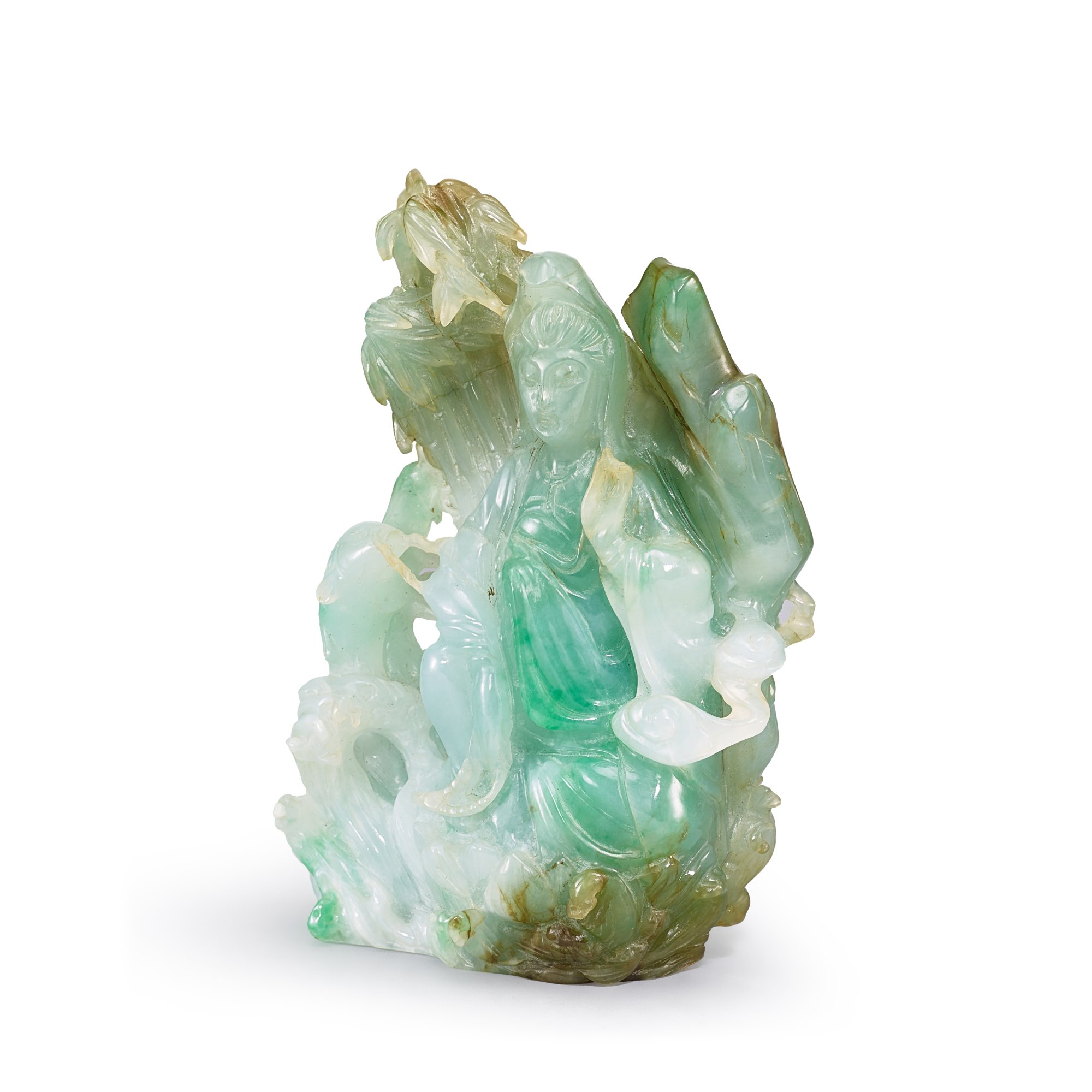 A small jadeite figure of Guanyin, — A small jadeite figure of Guanyin, 20th century 二十世紀 翠玉觀音菩薩立像