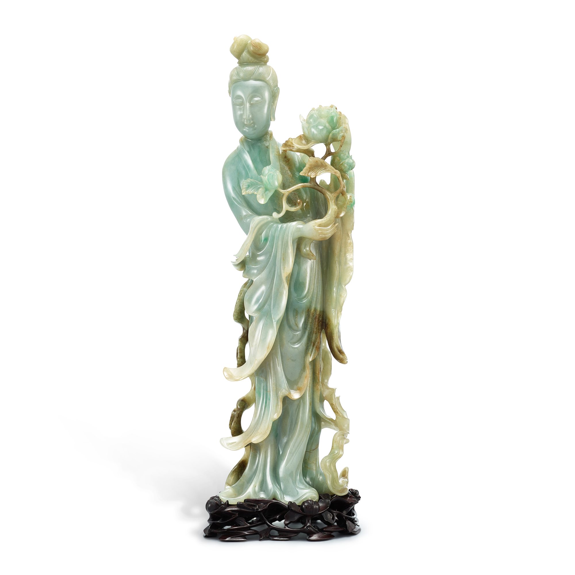 A jadeite standing figure of a Guanyin, — A jadeite standing figure of a Guanyin, Late Qing dynasty 清末 翠玉觀音菩薩立像