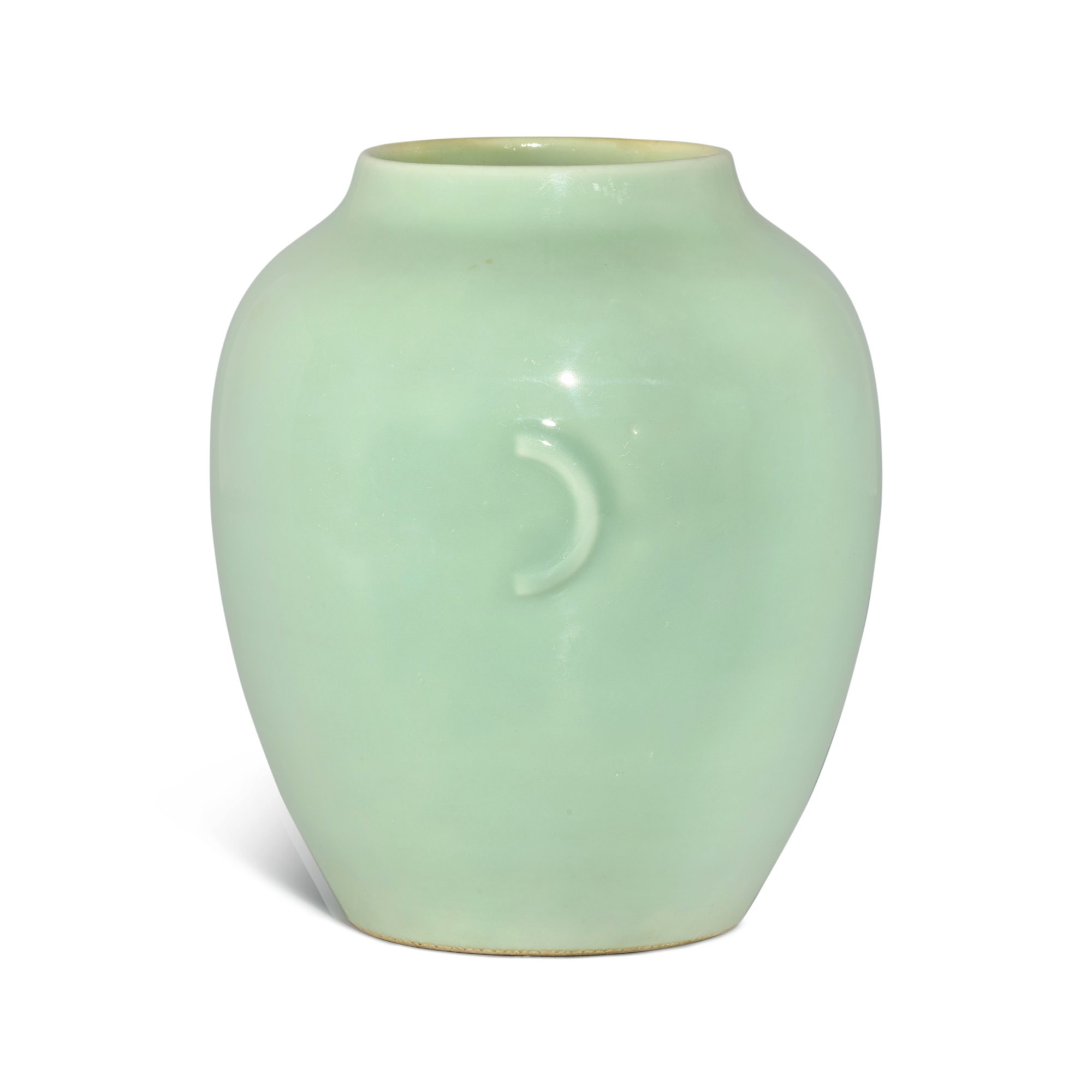 A celadon-glazed jar, — A celadon-glazed jar, Seal mark and period of Qianlong 清乾隆 粉青釉月牙耳罐 《大清乾隆年製》款
