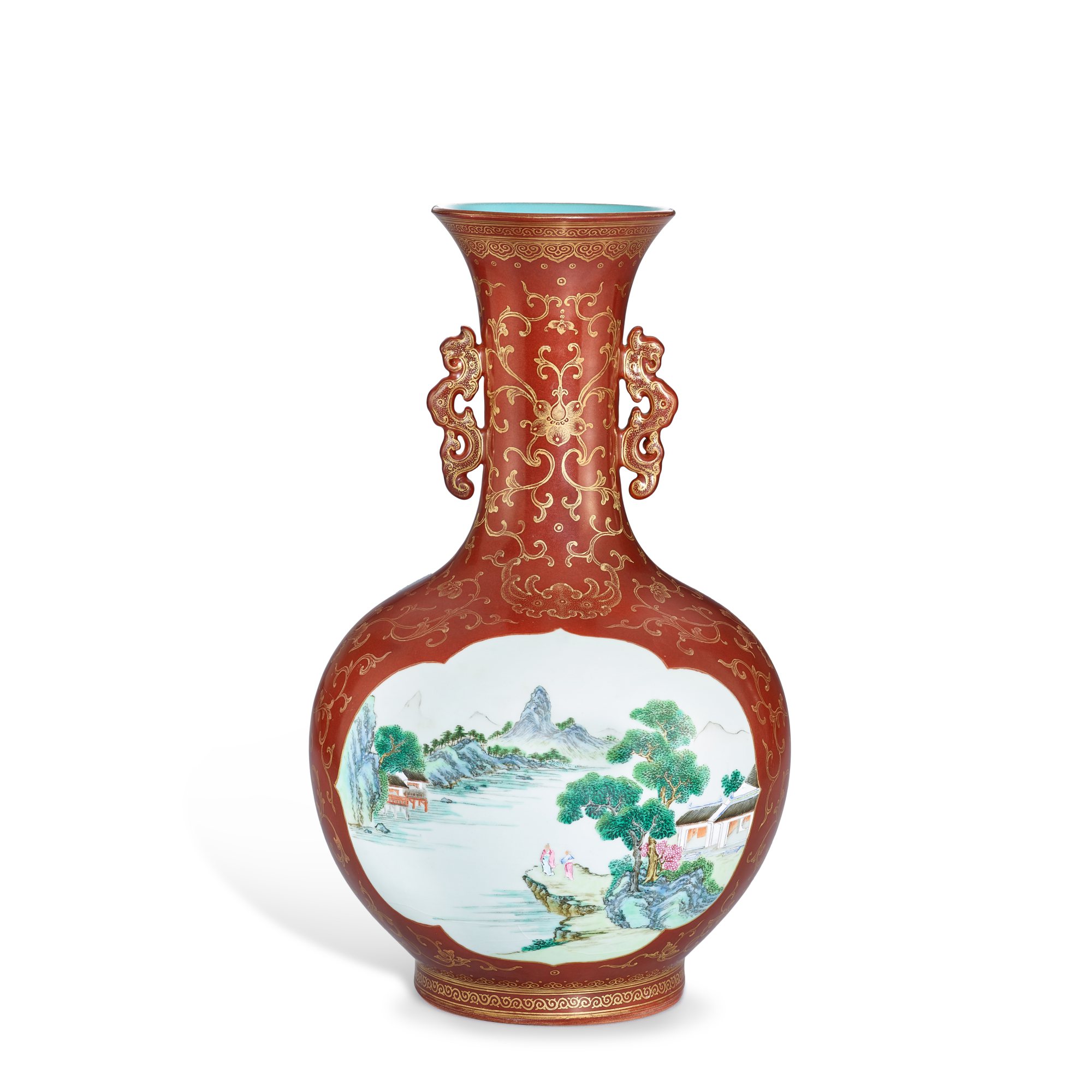 Unknown — A gilt-decorated café-au-lait ground famille-rose dragon-handled vase, Seal mark and period of Qianlong 清乾隆 醬地描金粉彩開光山水圖龍耳瓶 《大清乾隆年製》款