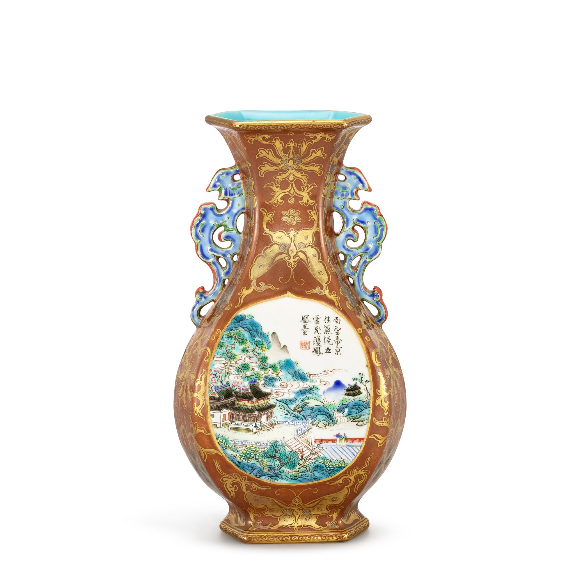 Unknown — A gilt and silver-decorated café-au-lait ground famille-rose hexagonal vase, Qing dynasty, Qianlong period 清乾隆 醬地描金銀開光粉彩薊門煙樹圖雙鳳耳六方瓶 「乾隆」印