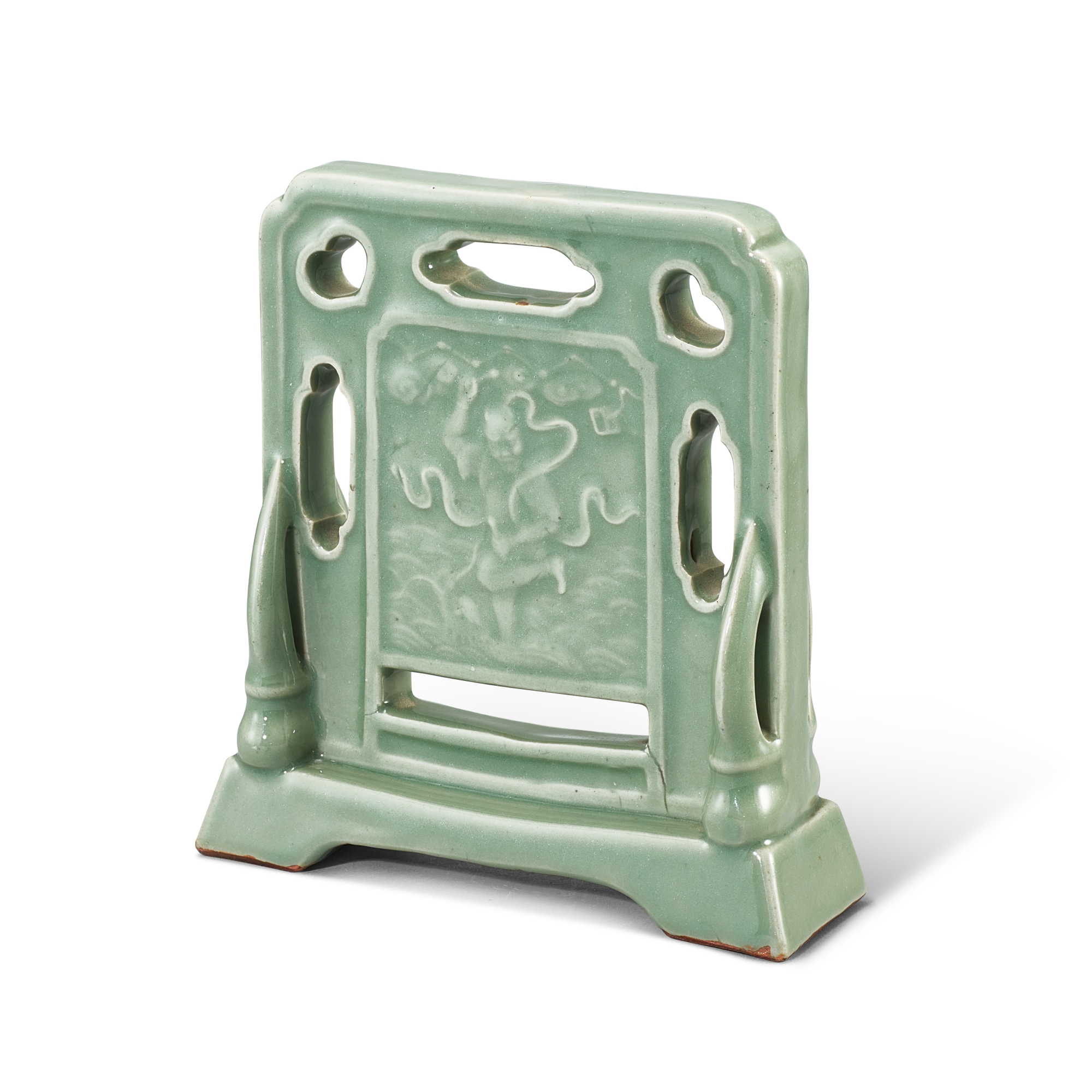 A Longquan celadon 'Kuixing' table screen, — A Longquan celadon 'Kuixing' table screen, Ming dynasty, 16th - 17th century 明十六至十七世紀 龍泉青釉魁星點斗硯屏