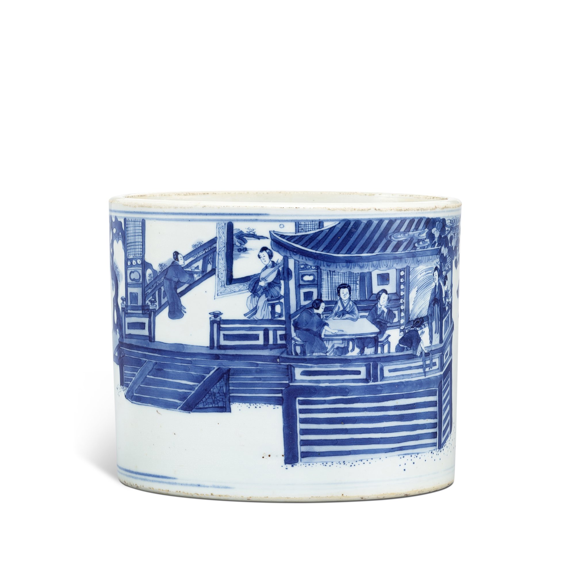 A blue and white brushpot, — A blue and white brushpot, Qing dynasty, Kangxi period 清康熙 青花人物故事圖筆筒 《大明成化年製》仿款