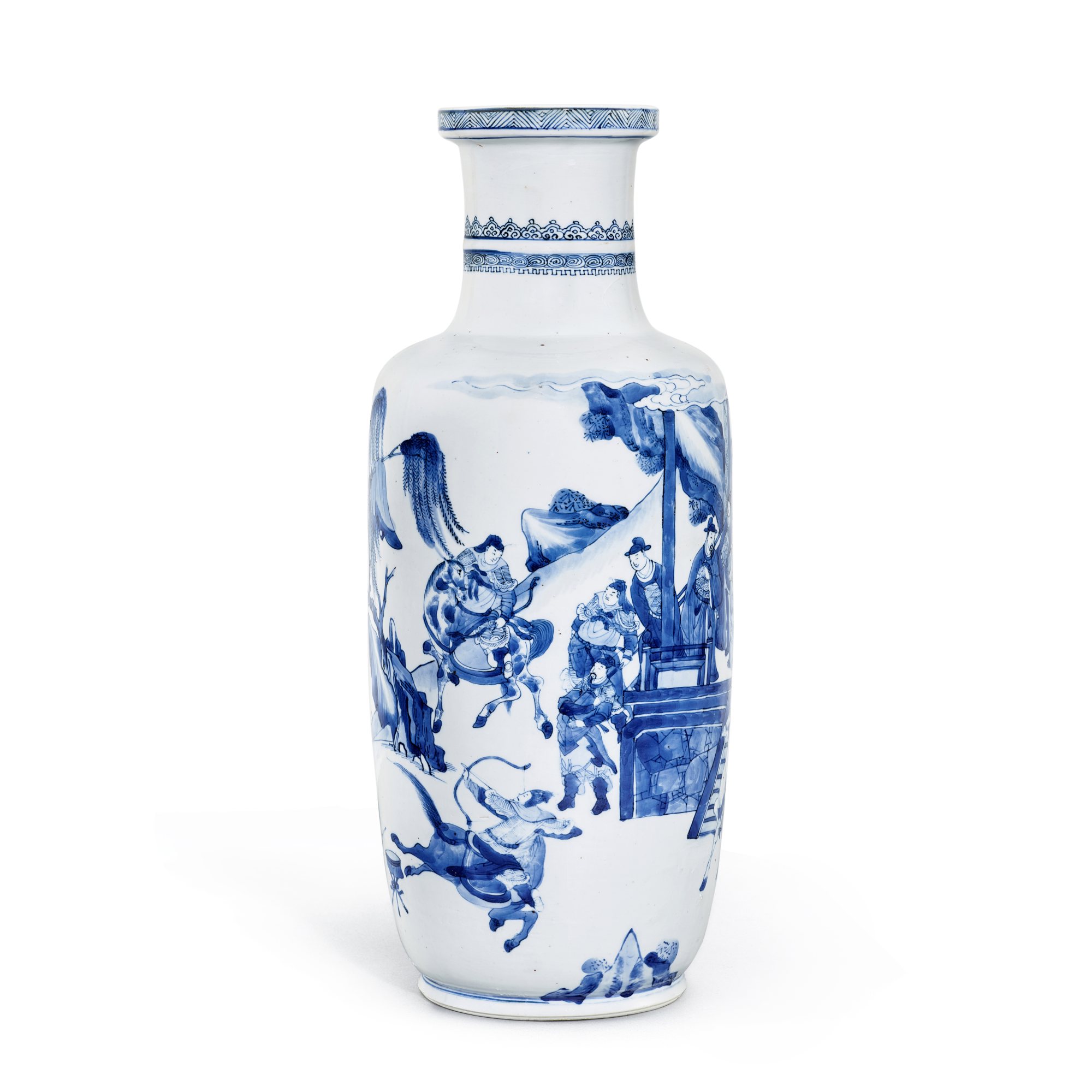 Unknown — A blue and white 'Romance of the Three Kingdoms' rouleau vase, Qing dynasty, Kangxi period 清康熙 青花銅雀台比武圖棒槌瓶