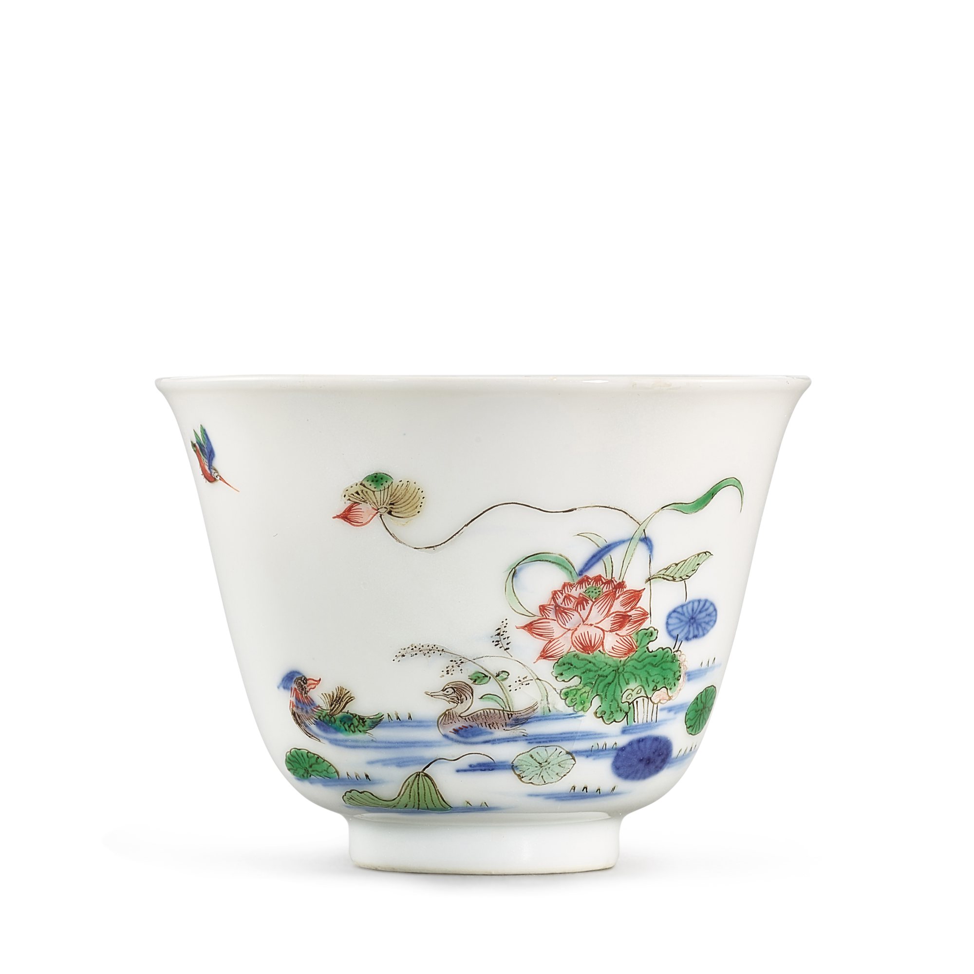 A wucai 'lotus' month cup, — A wucai 'lotus' month cup, Mark and period of Kangxi 清康熙 五彩六月荷花花神盃 《大清康熙年製》款